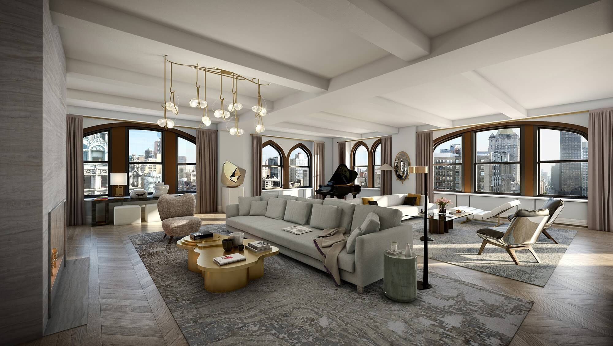 Interior photograph of a luxury penthouse living room with luxury furniture.
