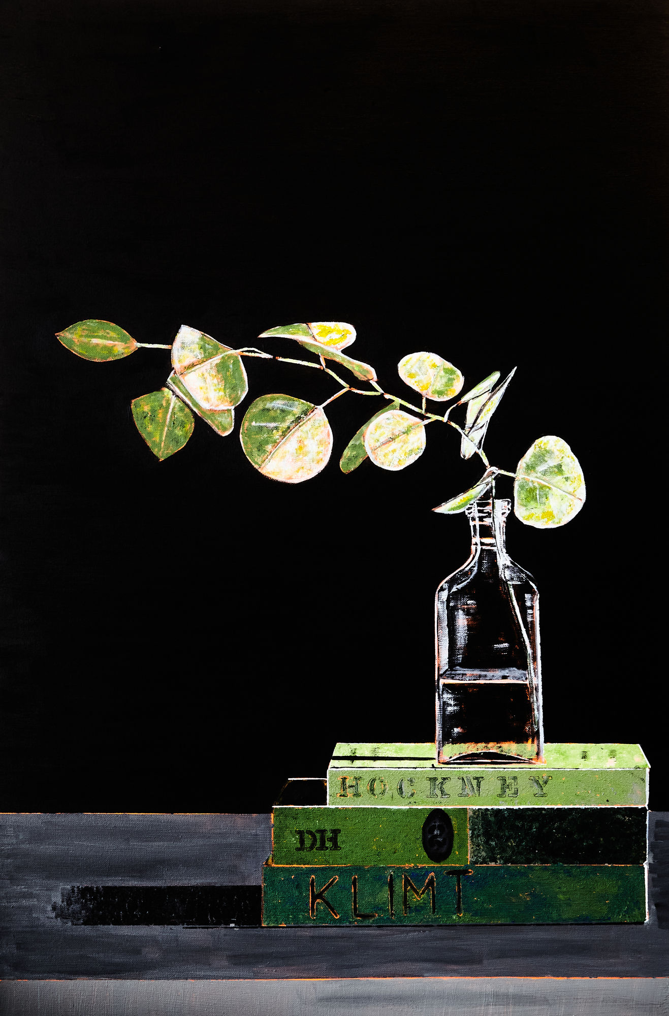 a painting of a flower in a vase on a dark background