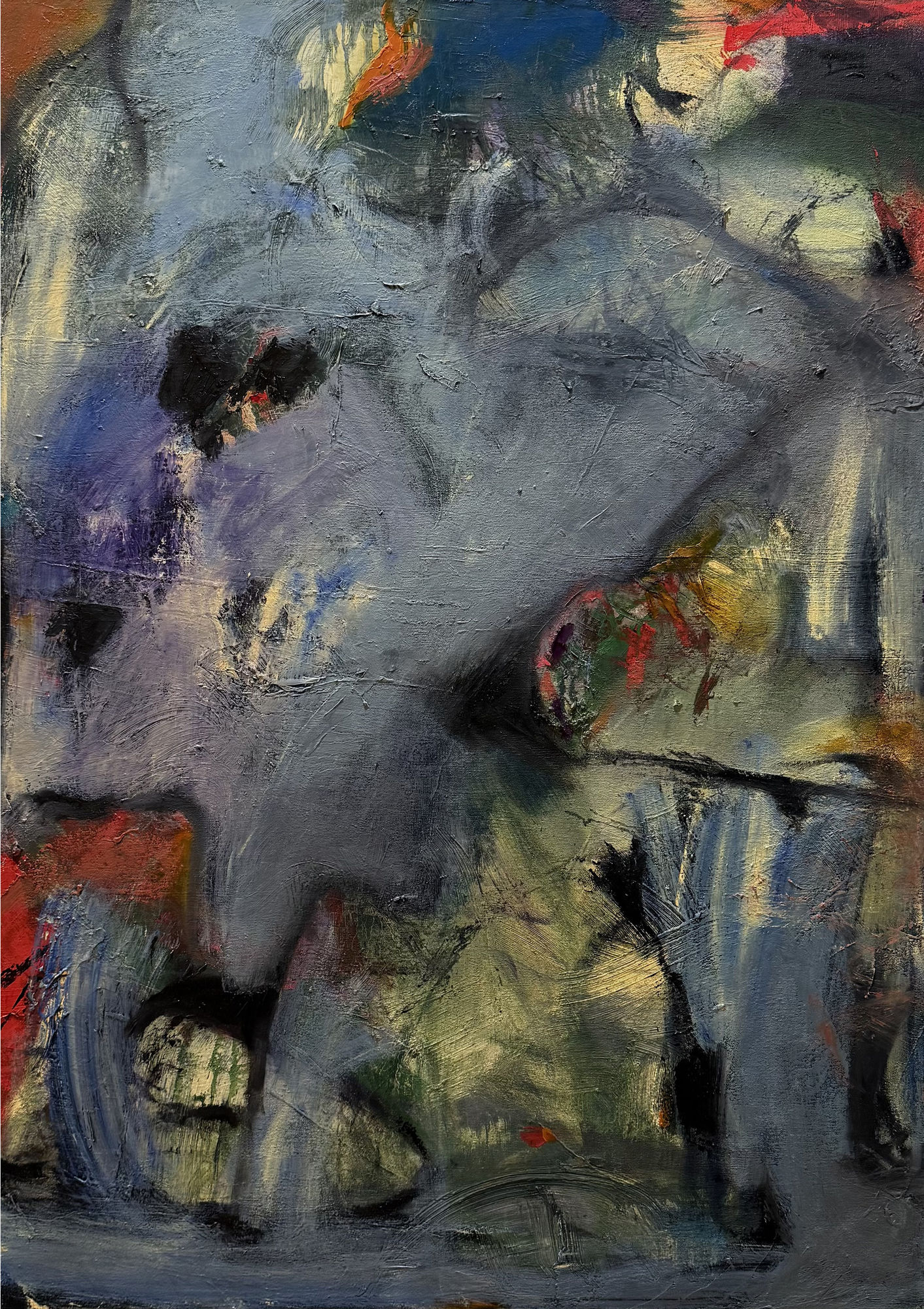 a colorful abstract painting with a gray background