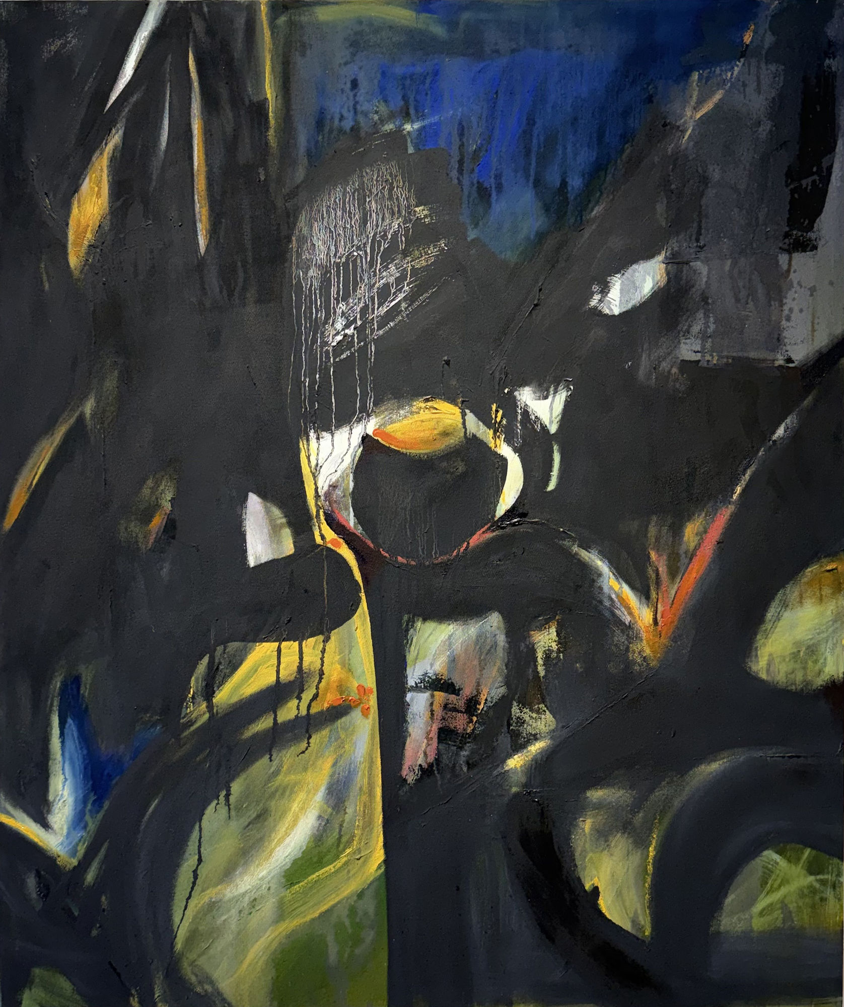 a colorful abstract painting with a black background