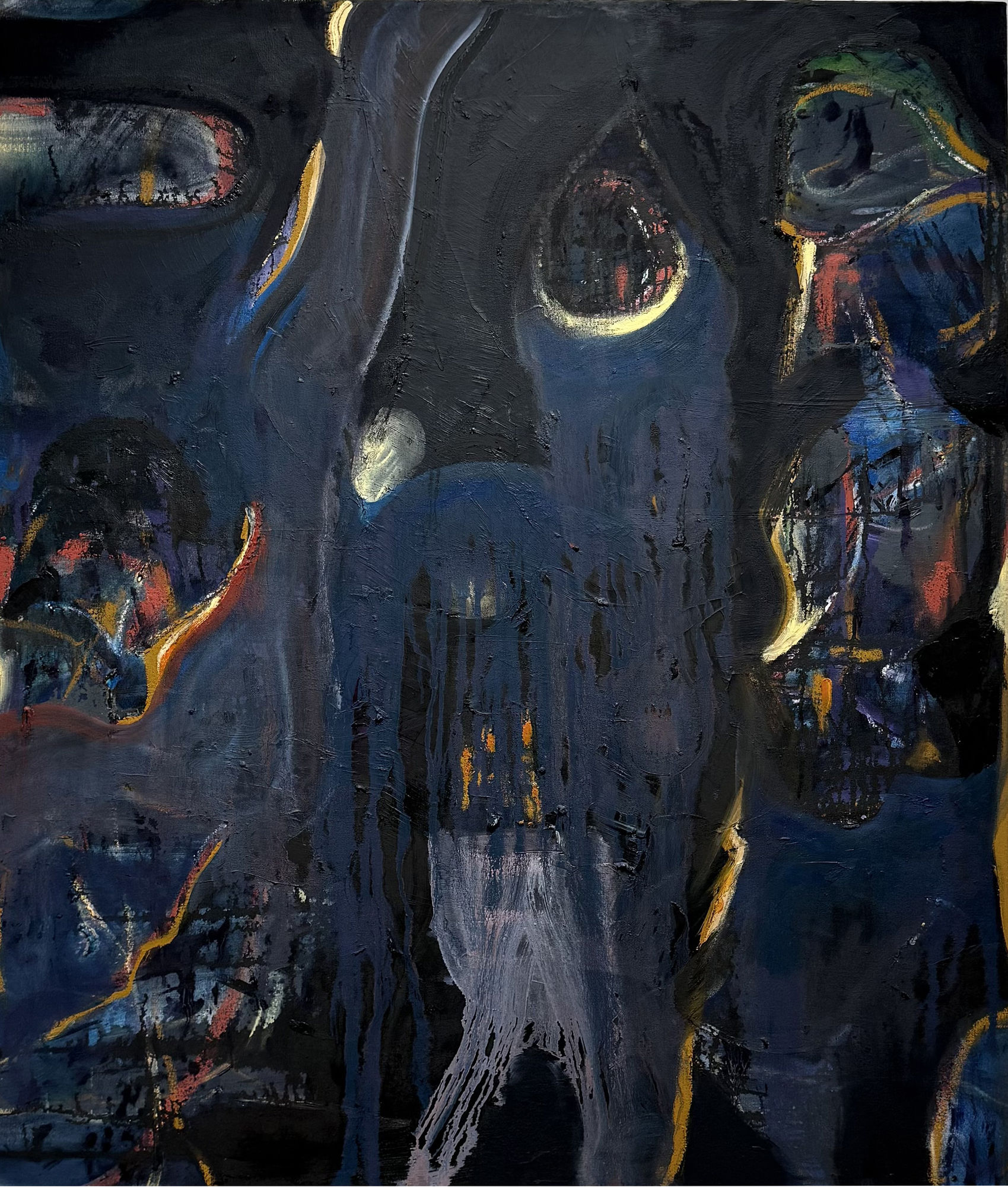 a colorful abstract painting with a black background