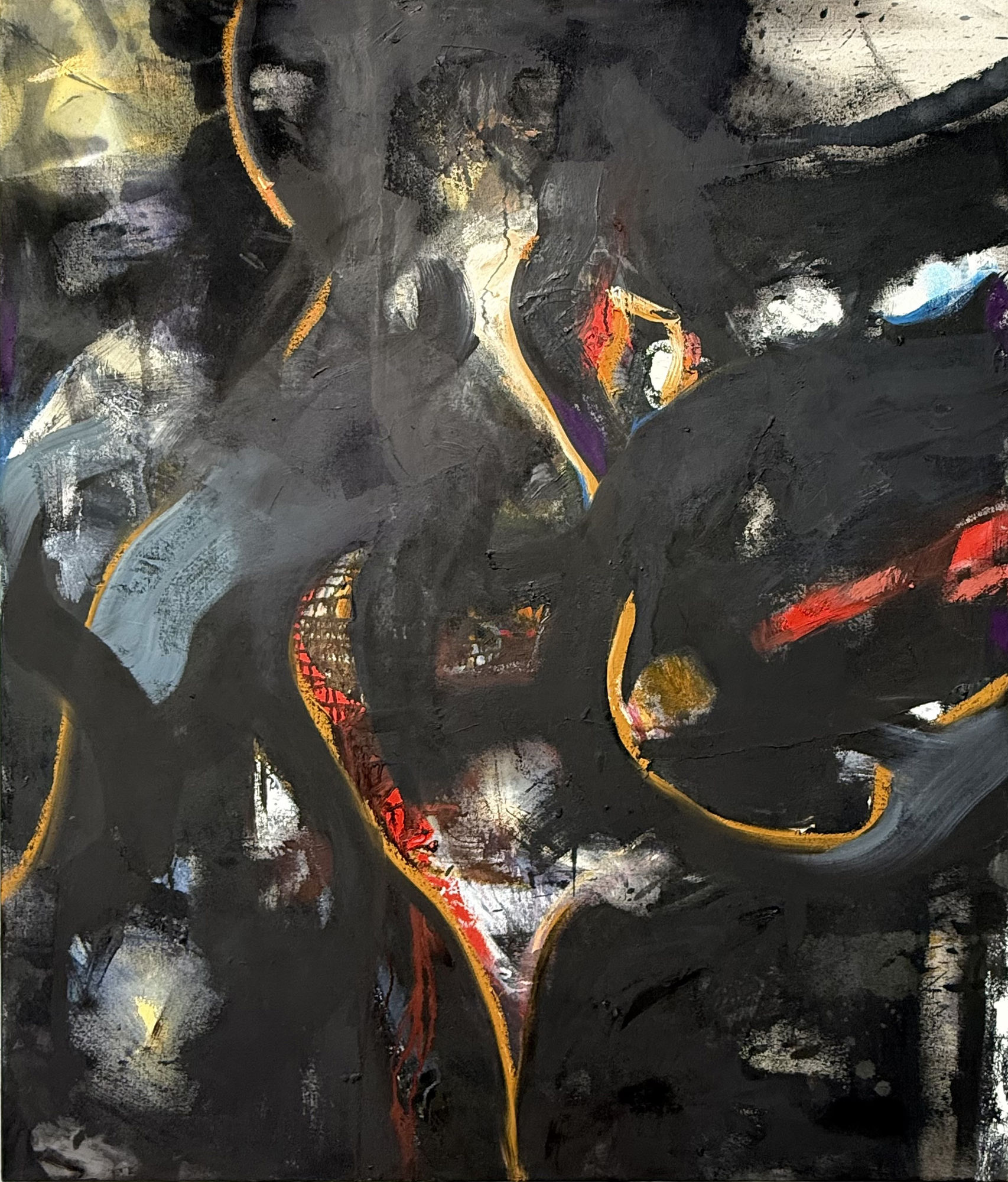 A colorful abstract painting with a black background