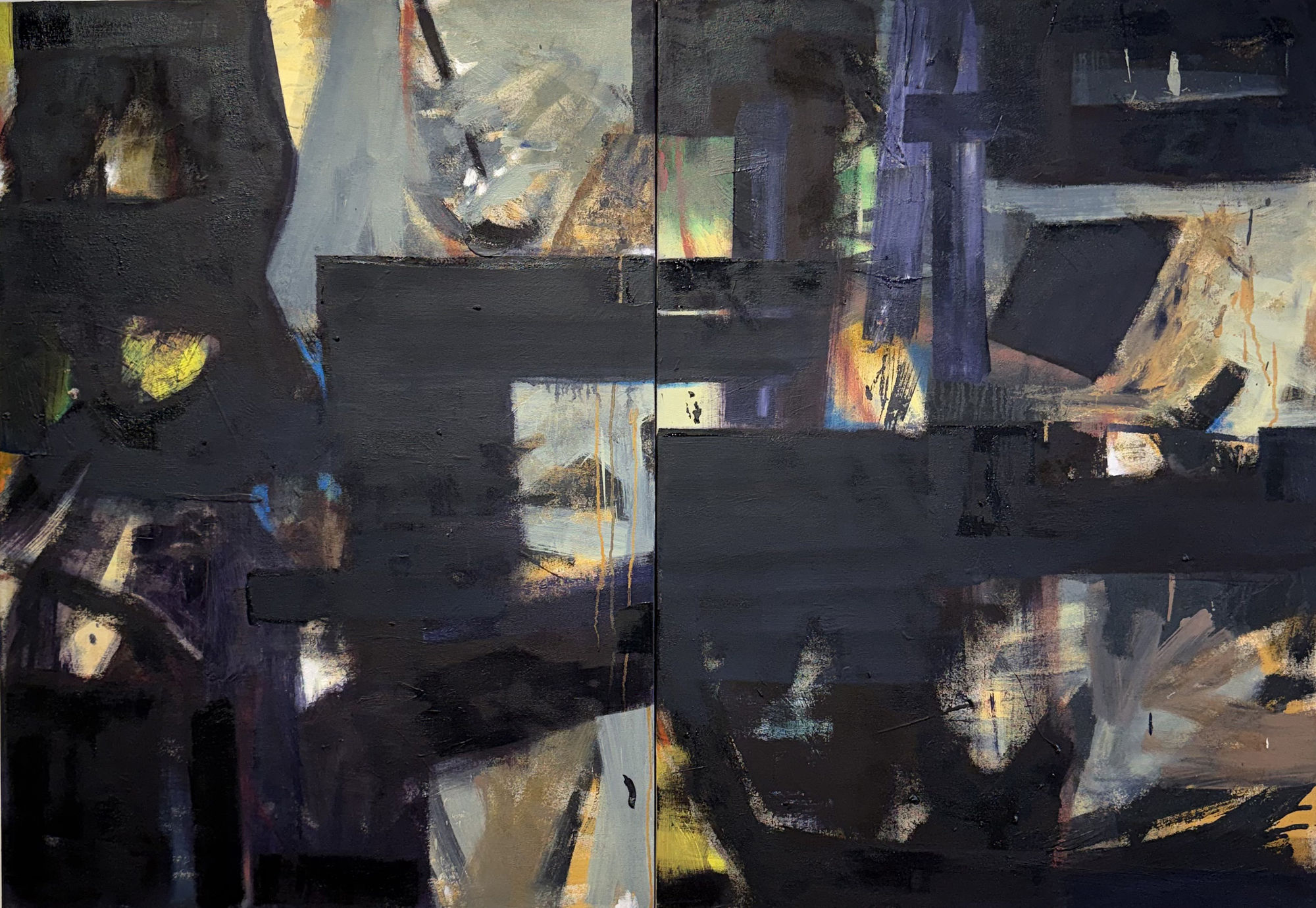 a colorful abstract painting with a black background