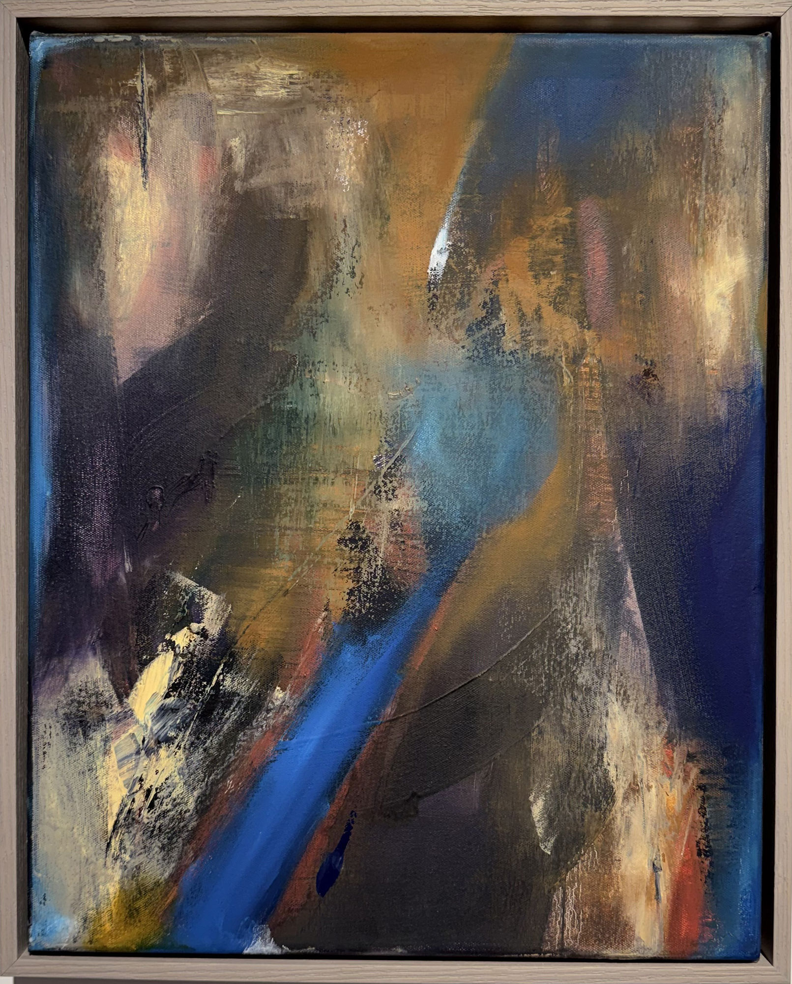 a colorful abstract painting with a gray background