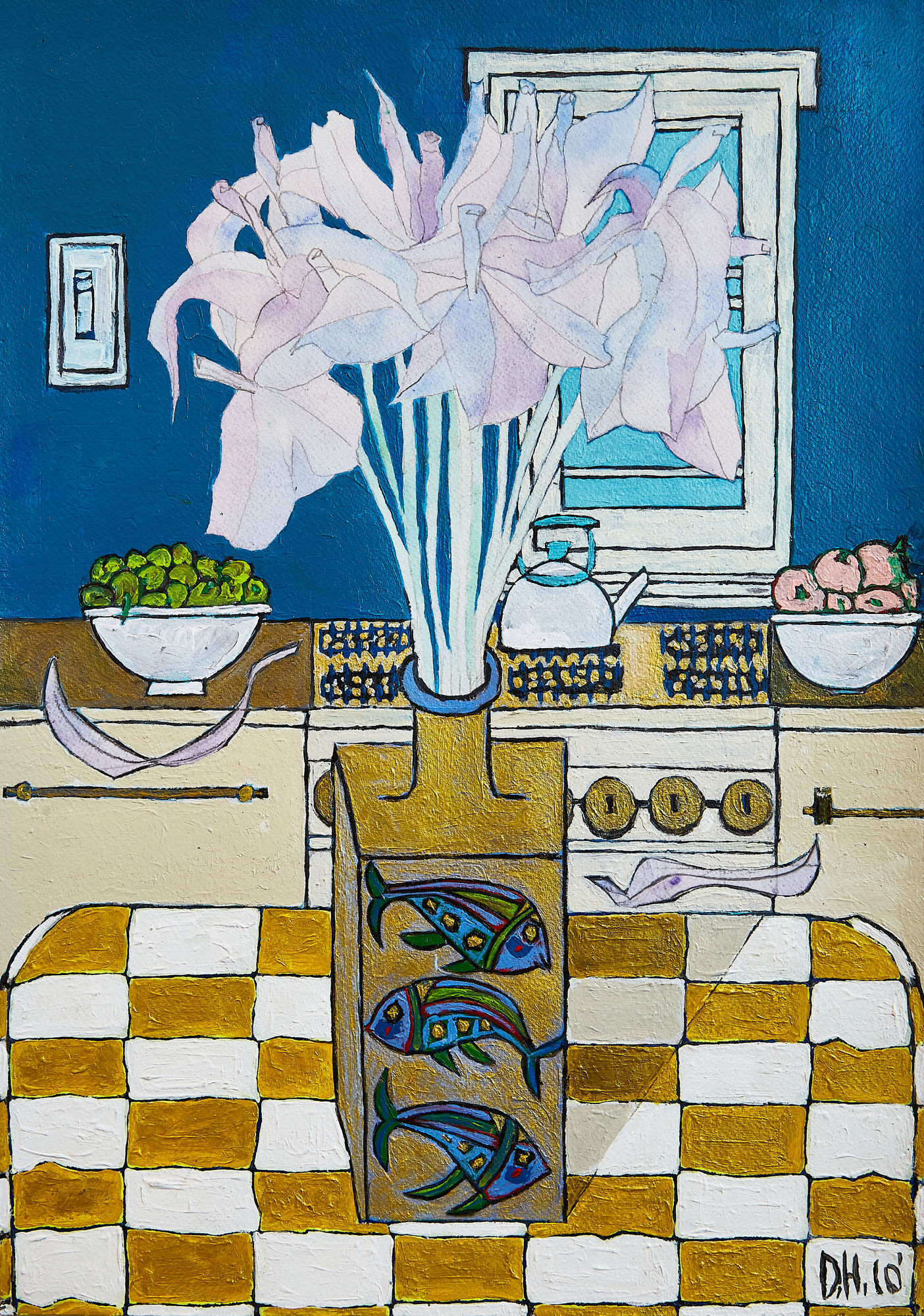 a bouquet of flowers in a vase on a kitchen table