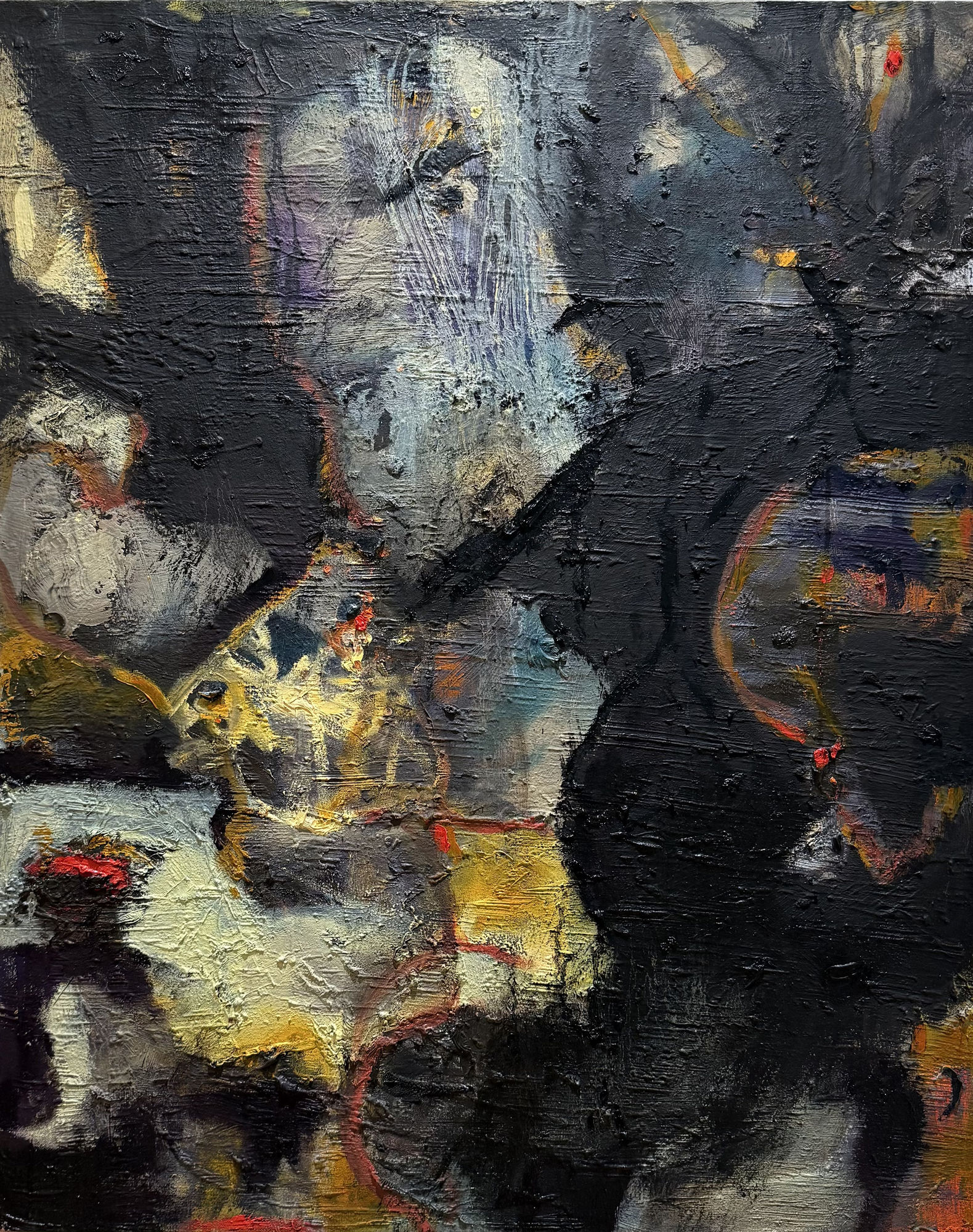 a colorful abstract painting with a black background