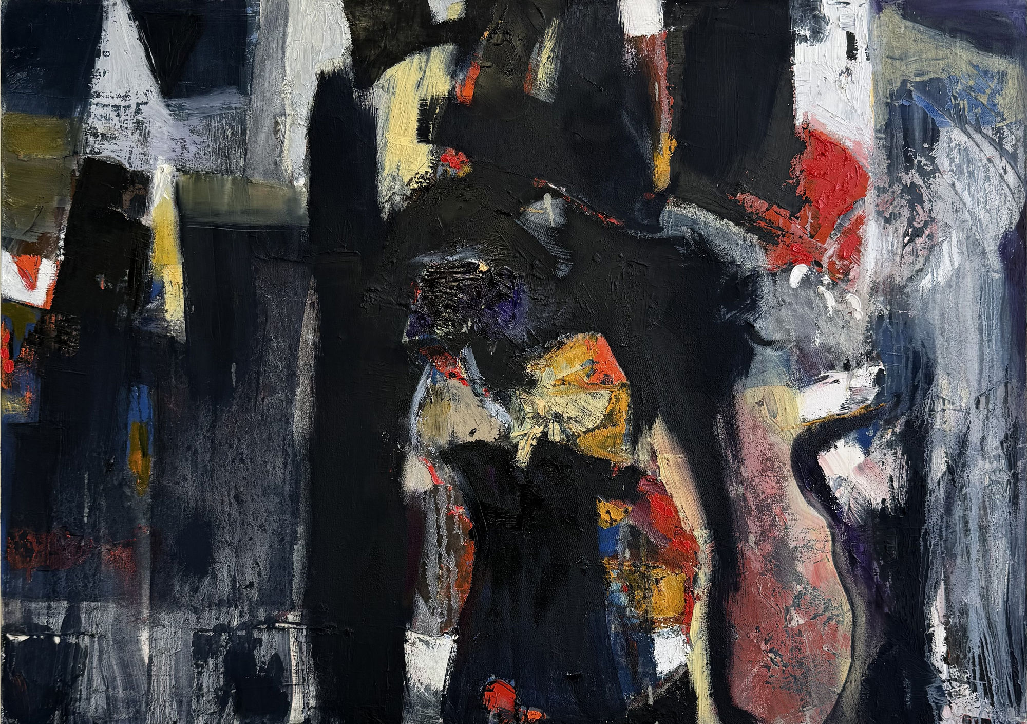 A colorful abstract painting with a black background