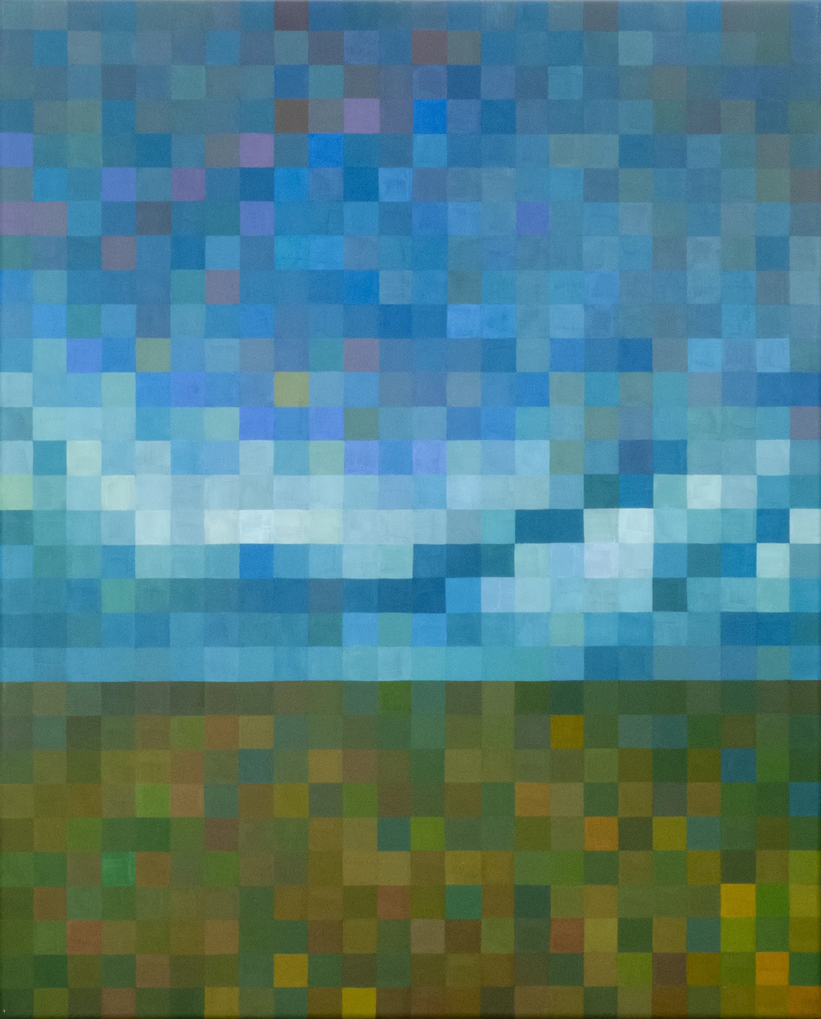 A pixellated view of a landscape with blue sky