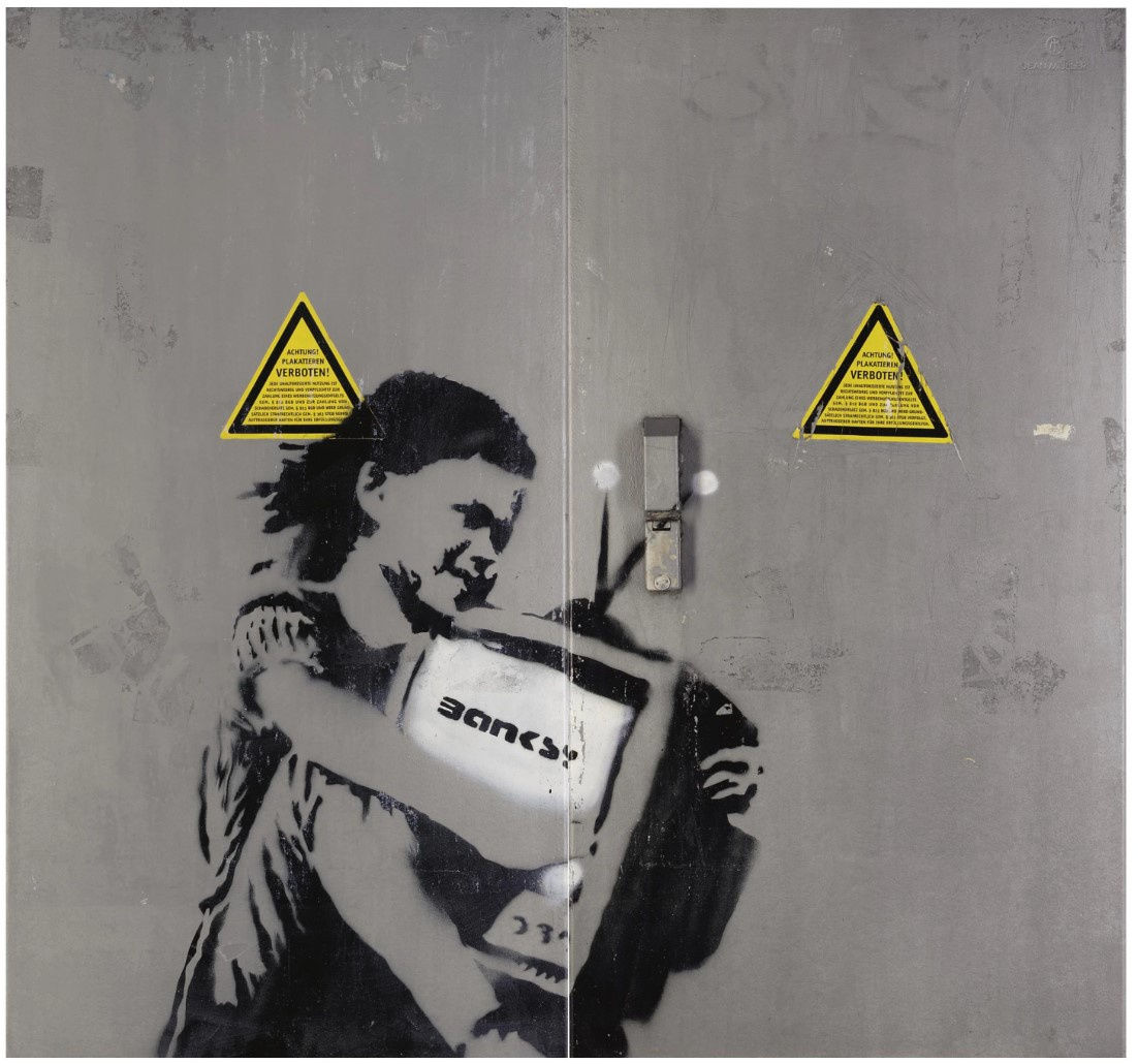 Girl with TV, 2004 Spray-paint on industrial doors, in two parts 103.5cm x 110.2cm