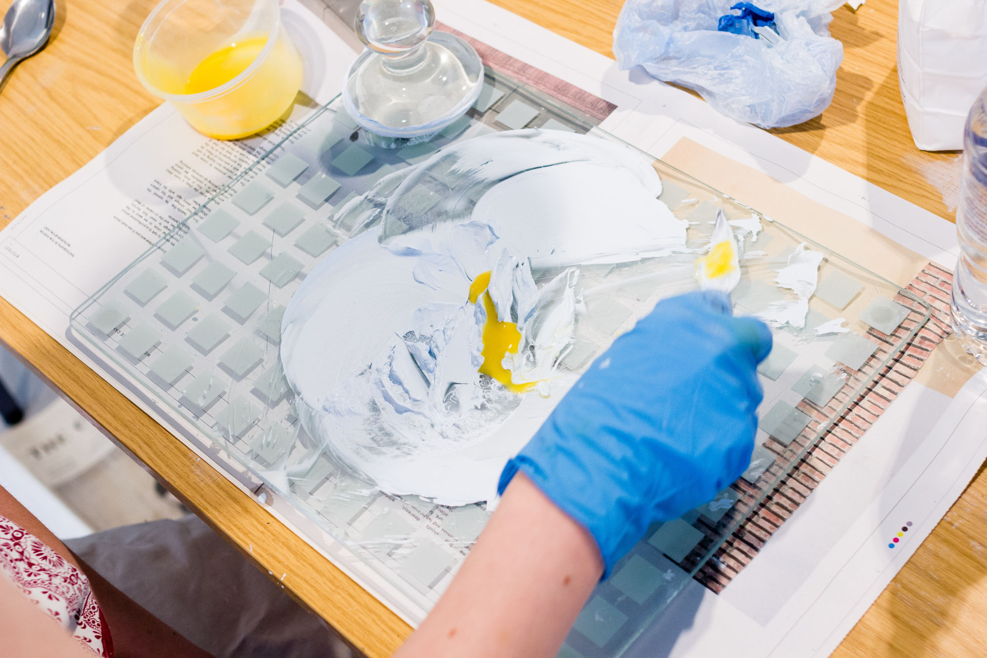 Fiona Grady making egg tempera paint for her wall drawing at The Art House, Photo: Jules Lister | The Art House Wakefield