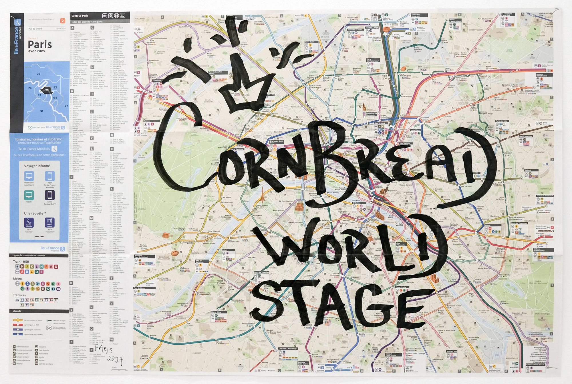 "Cornbread World Stage" 55.5 x 83.5 cm / 2024 acrylique sur plan de métro Parisien acrylic on Parisian metro plan prix / price : 550 euros