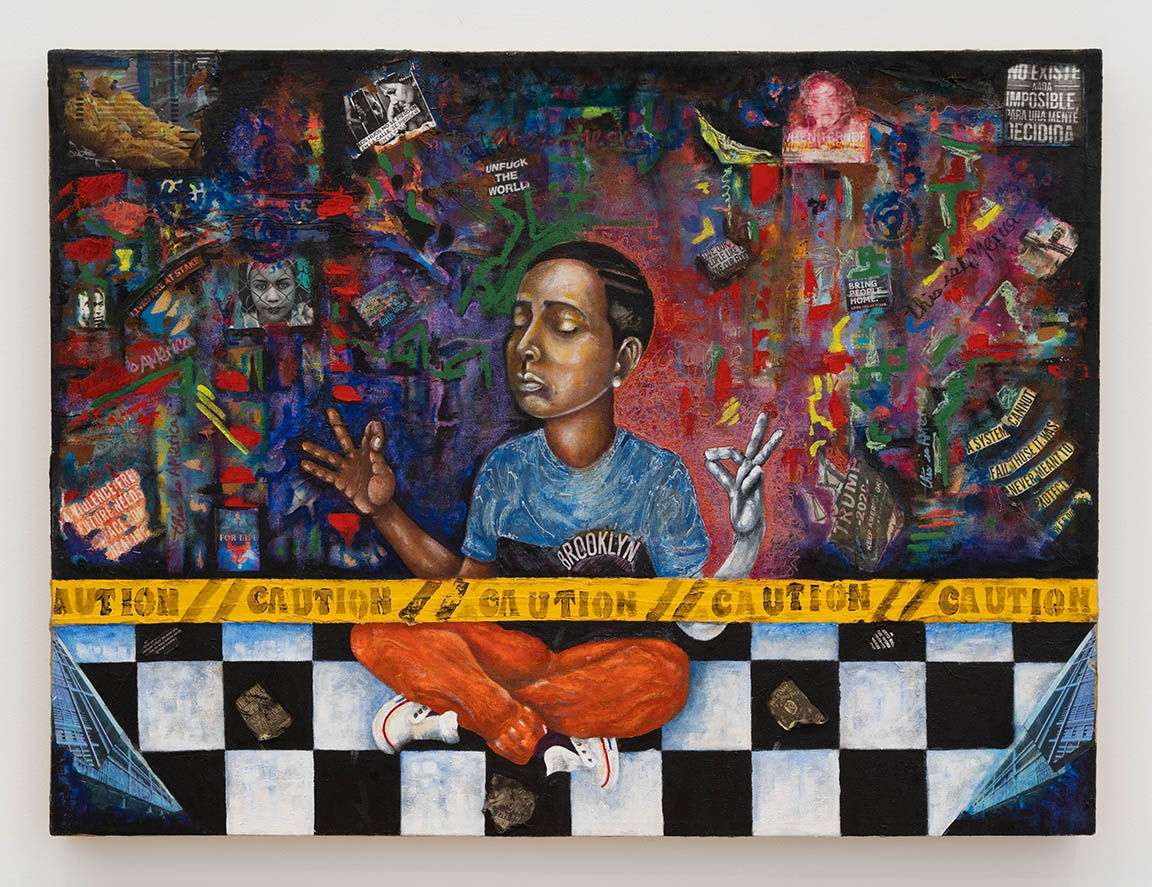 Gilberto Rivera This is America #002, 2021 Acrylic, collage, newspaper, industrial adhesive, glitter glue, mixed media 36 x 48 inches