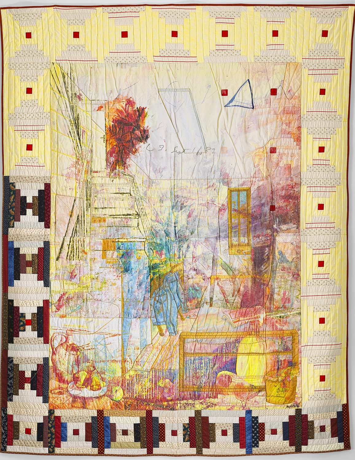 Jesse Krimes Log Cabin, 2019 Hand-sewn fabric, image transfer, fabric paint 100 x 80 inches