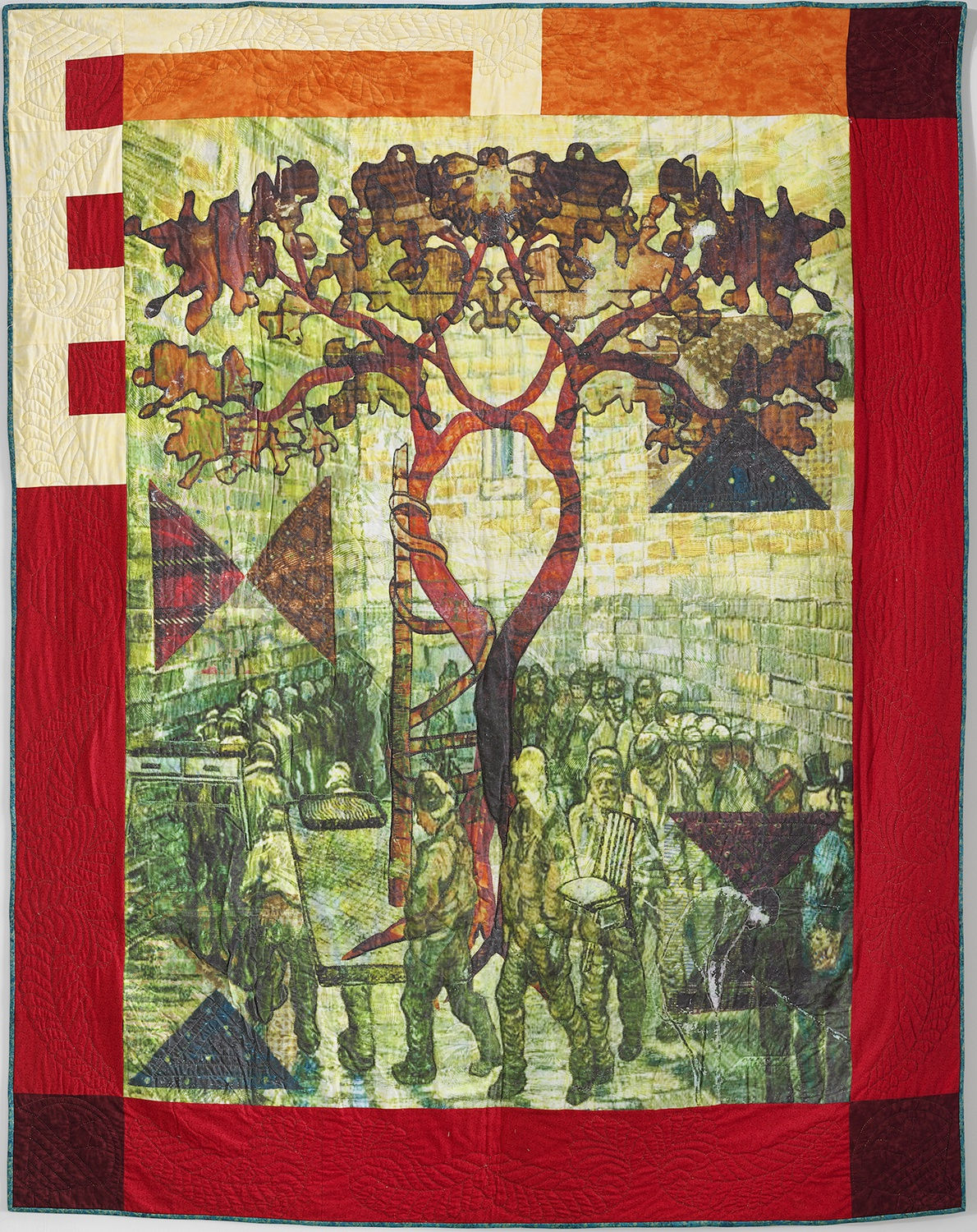 Jesse Krimes Bow Tie, 2019 Hand-sewn fabric, image transfer, fabric paint 102 x 80 inches