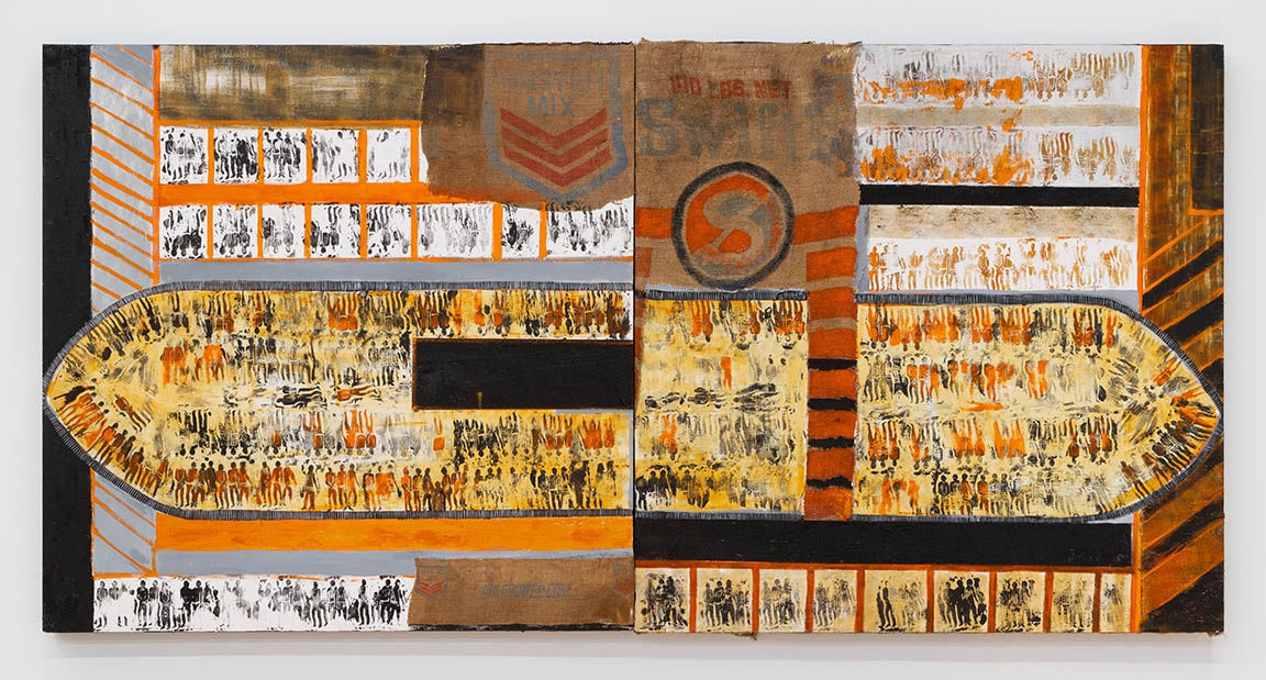 Jared Owens Ellapsium V, 2021 Acrylic, pig feed burlap sacks, linocut transfers, oilstick, soil from the FCI Fairton prison yard 48 x 96 inches