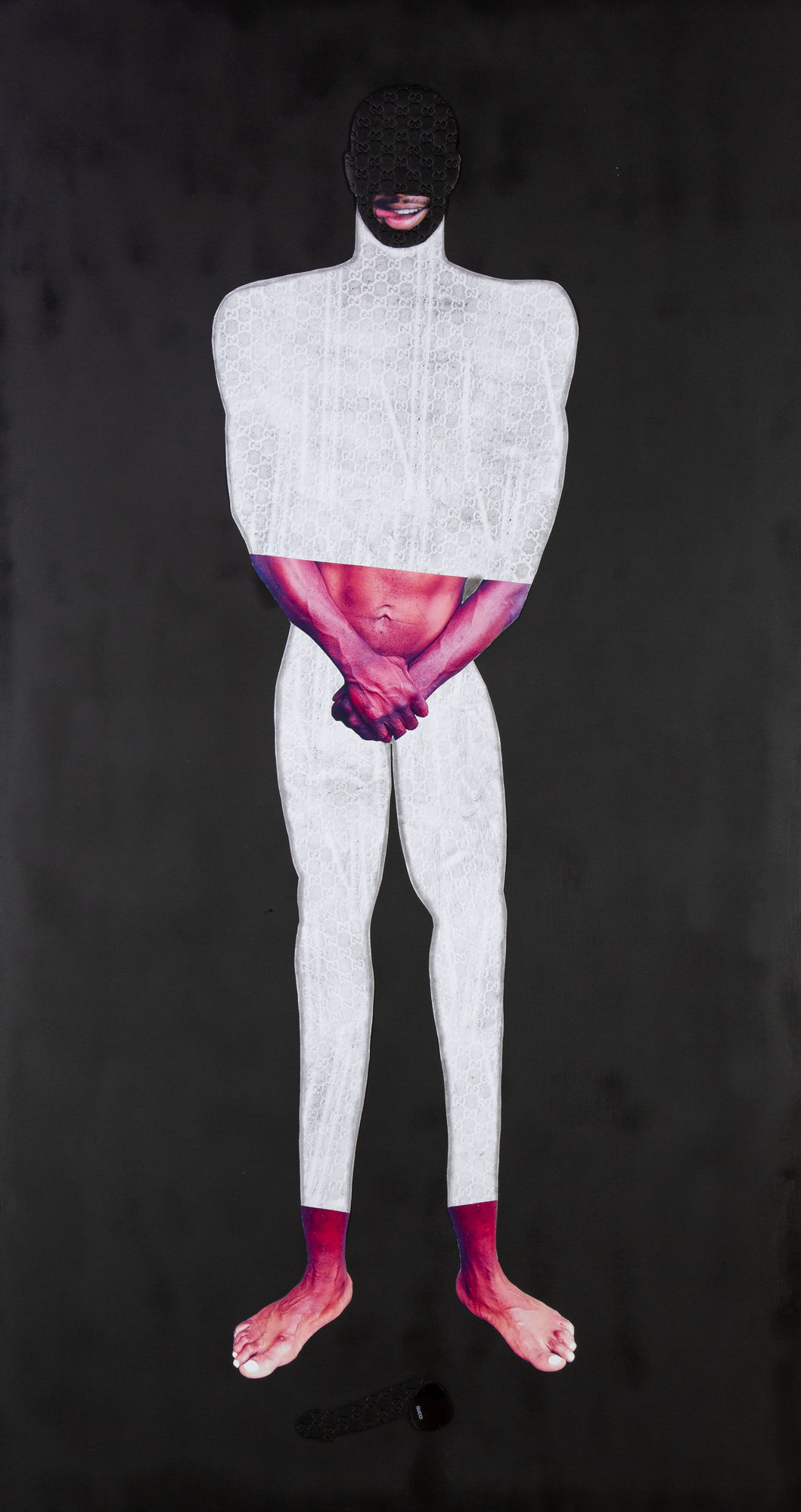 Tameca Cole Asexual Accessories, 2021 Charcoal, graphite, knock-off Gucci bag and sunglasses, cut-out paper on 1/4 inch ply board in half inch frame 78 1/4 x 42 inches