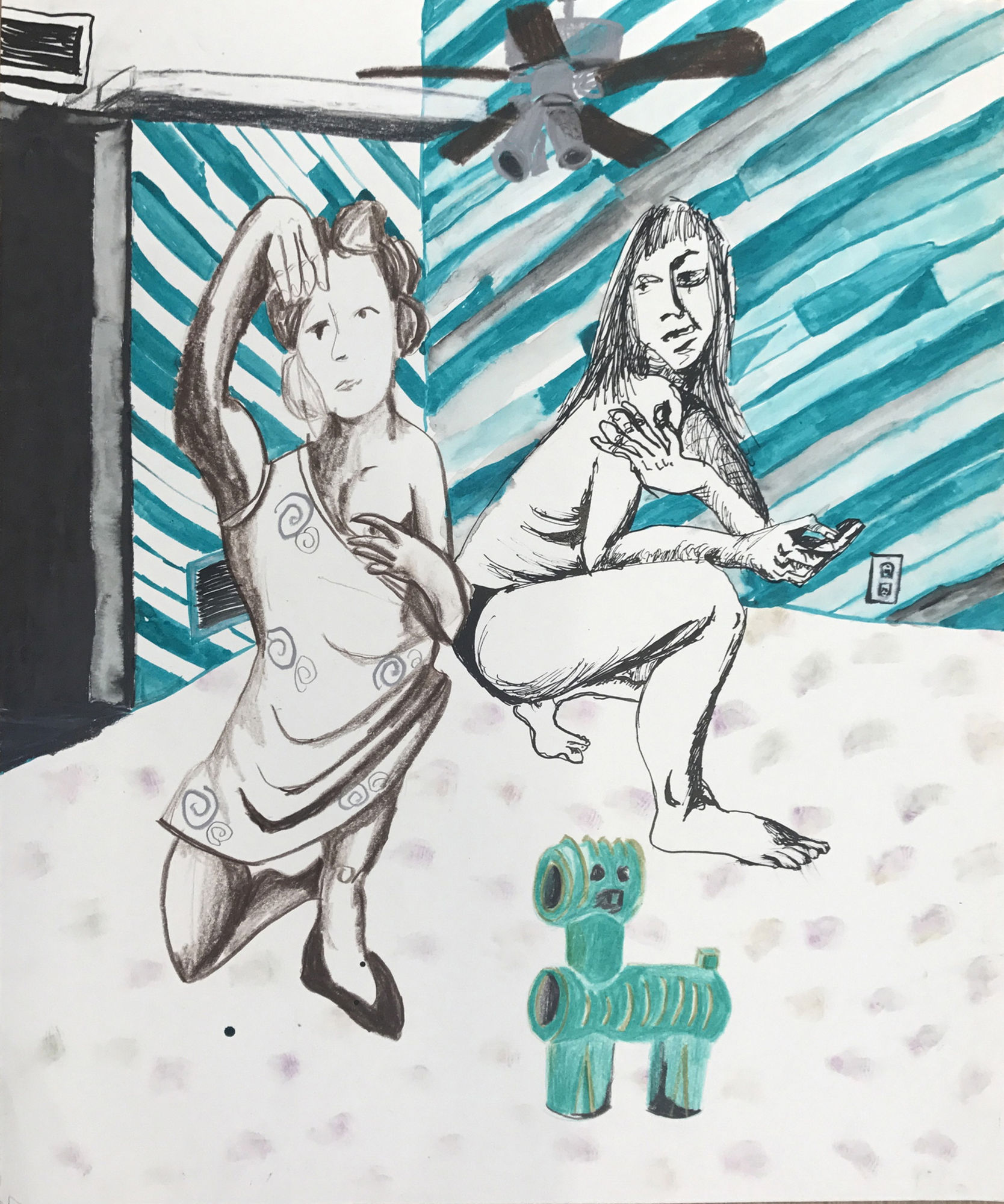 Sofi Brazzeal Untitled (two girls, toy and ceiling fan), 2016 ink and color pencil on paper 17 x 14 inches