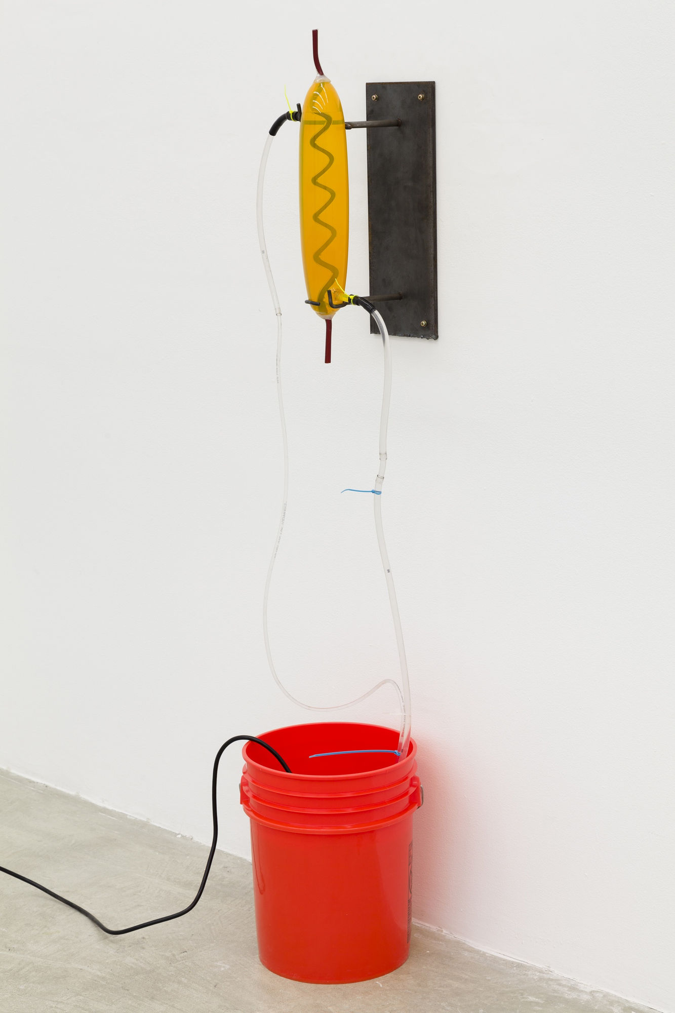 Elias Hansen Could&rsquo;ve been worse, 2012 bucket, glass, silicone, steel, vinyl, water, water pump Dimensions variable