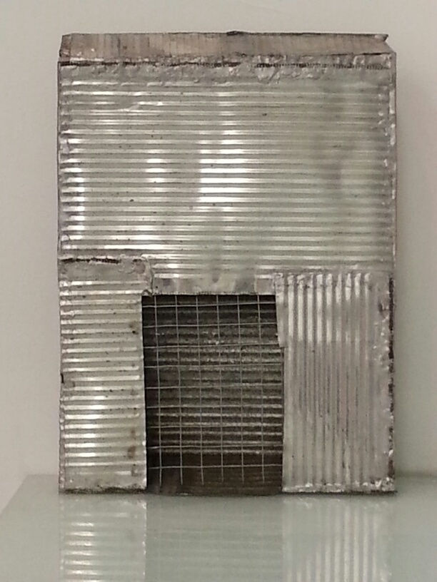 Kate Levant abduction [to kidnap/or/monocular rotation of th' eye toward th' temple], 2013 tin, solder and chickenwire 11 1/2 x 8 1/4 x 1 1/2 inches