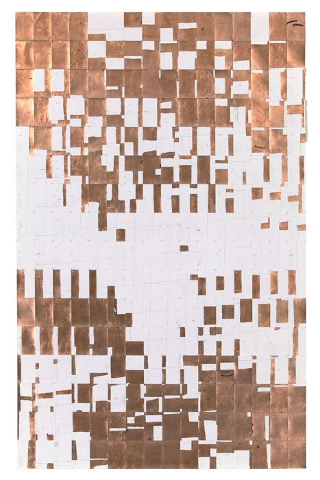 Agnes Lux #L-2, 2013 postcards, graphite, copper 88.2 x 56 inches