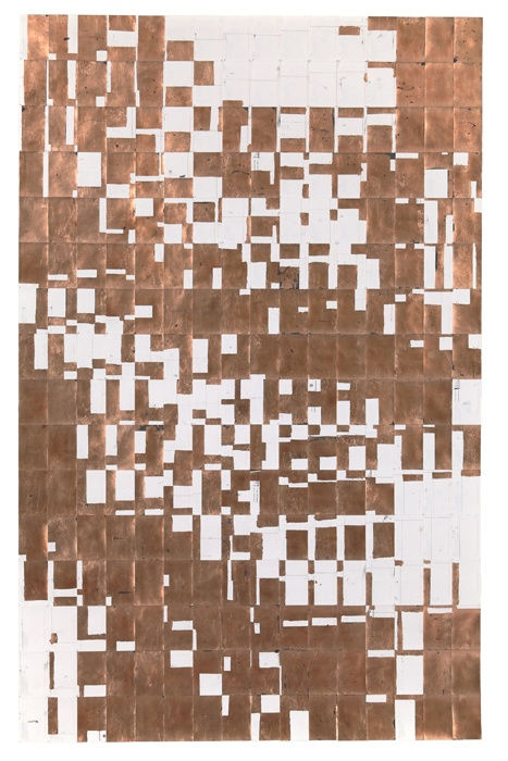 Agnes Lux #L-5, 2013 postcards, graphite, copper 88.2 x 56 inches