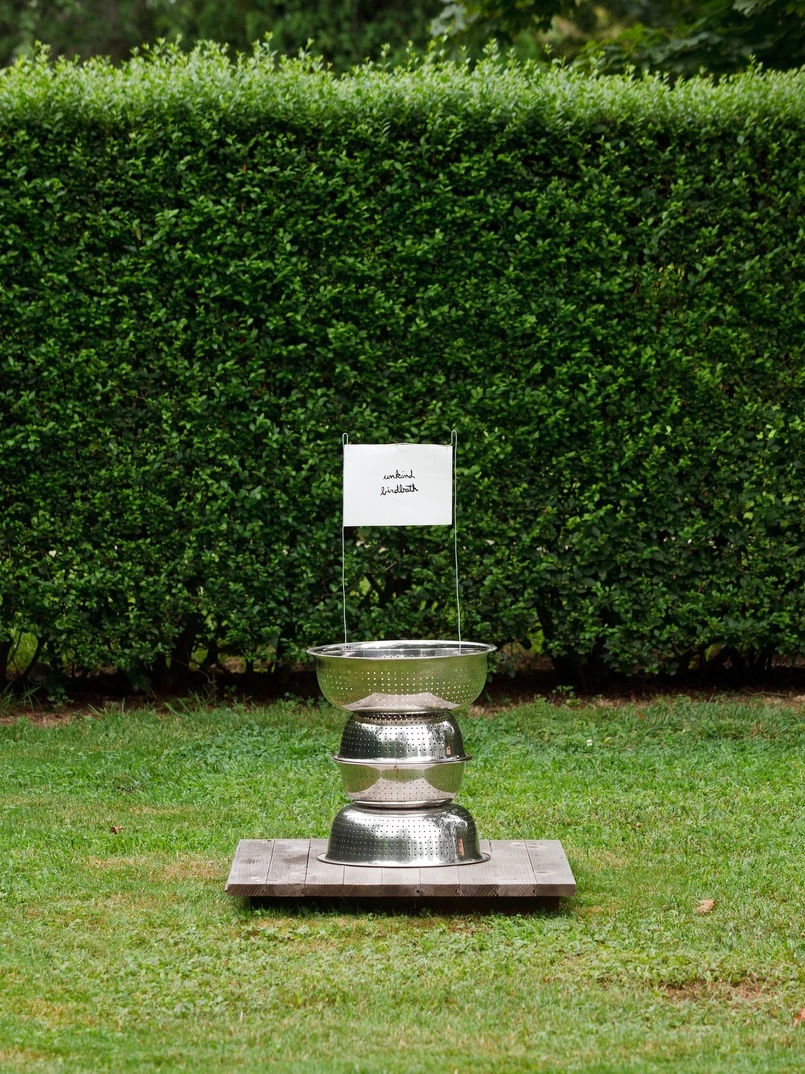 B. Wurtz Unkind Birdbath, 2012 stainless steel colanders, wire, Tyvek, acrylic paint, string 37 x 16.5 x 16.5 inches