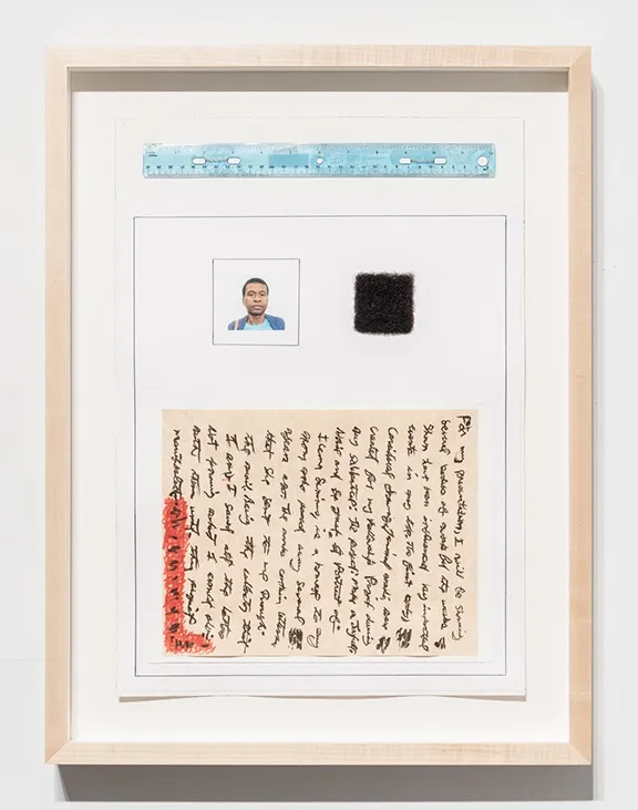 Arthur Simms Ruler, 2018 Artist's hair, ruler, wire, pencil, pen, ink, photograph, marker, paper, and glue 20 x 14 1/4 x 3/4 in 50.8 x 36.2 x 1.9 cm