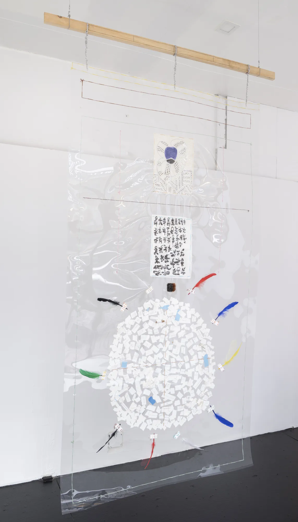 Arthur Simms Night Fever, One Halo, 2022 Artist’s hair, Lucy Fradkin’s hair, wood, wire, thread, acetate, paper, ink, pen, pencil, tape, feathers, glassine, and glue 82 1/2 x 49 x 2 in 209.6 x 124.5 x 5.1 cm