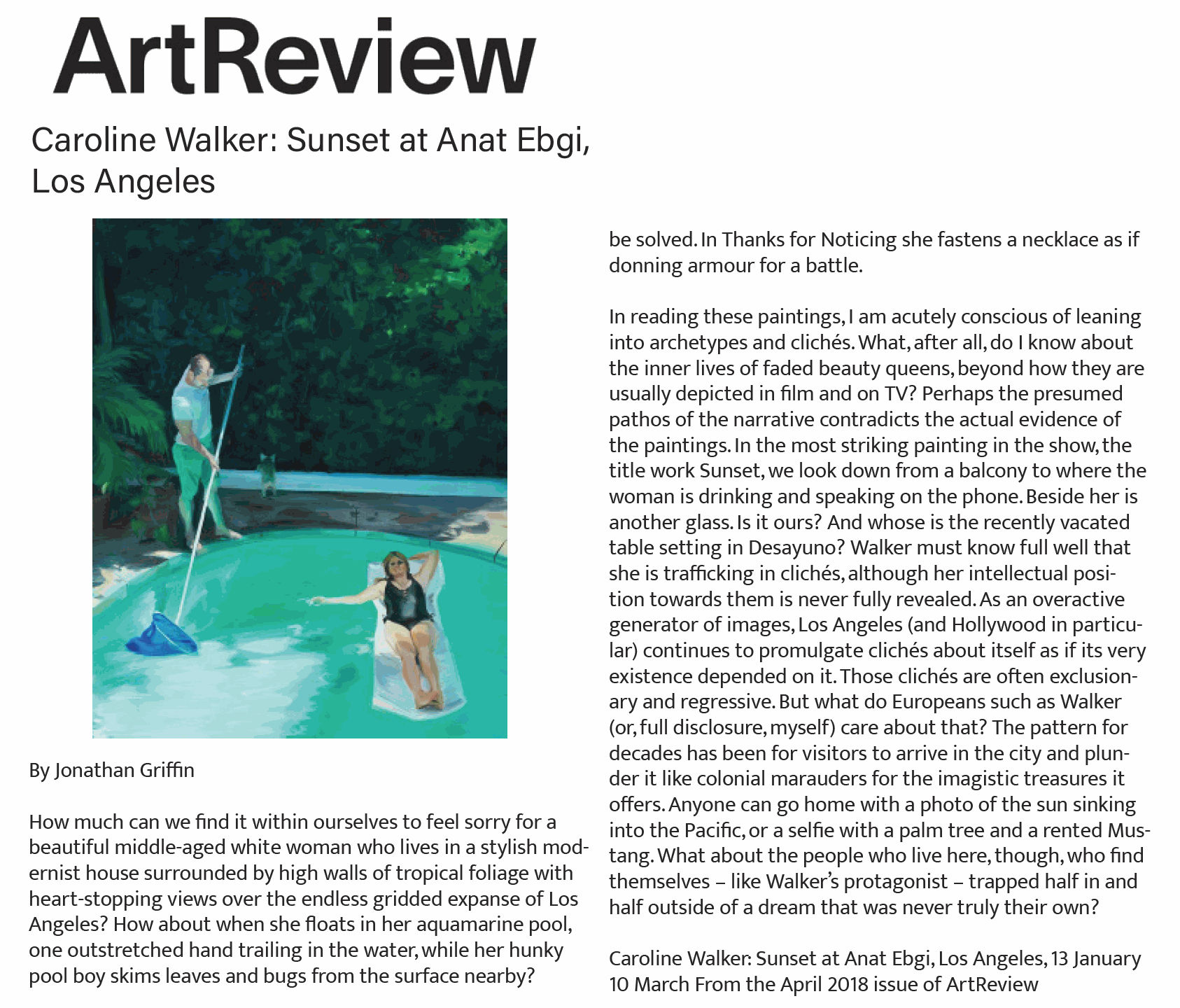 ArtReview, Caroline Walker: Sunset at Anat Ebgi, Los Angeles, 5 April 2018 Read Here