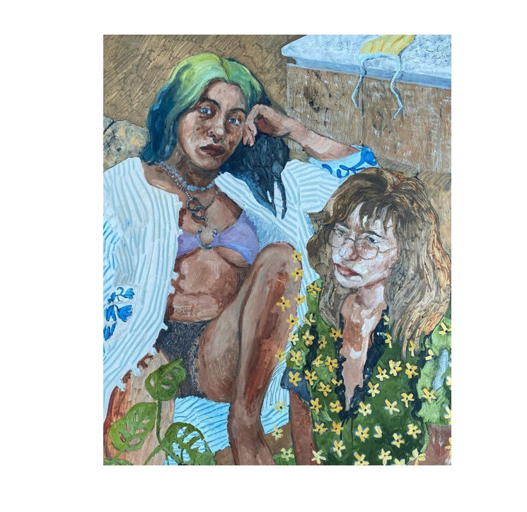 Bernadette Despujols Beatriz y Chelle en cuarentena (2020), Oleo sobre canvas 100 x 76 cm