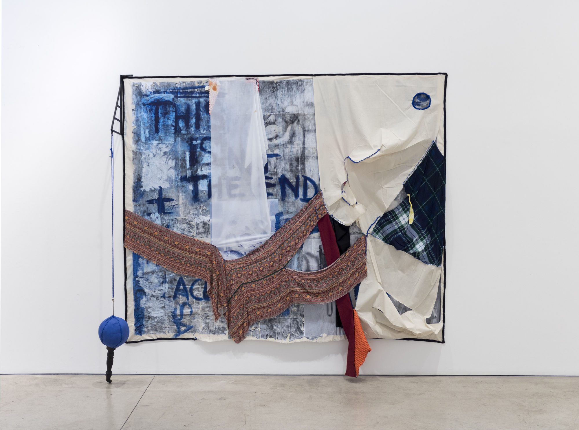 Januario Jano Untitled 2019 Textile, rope, wooden bed leg, bed sheets, dye, stitch, sewing, textile ball 230 x 270 cm