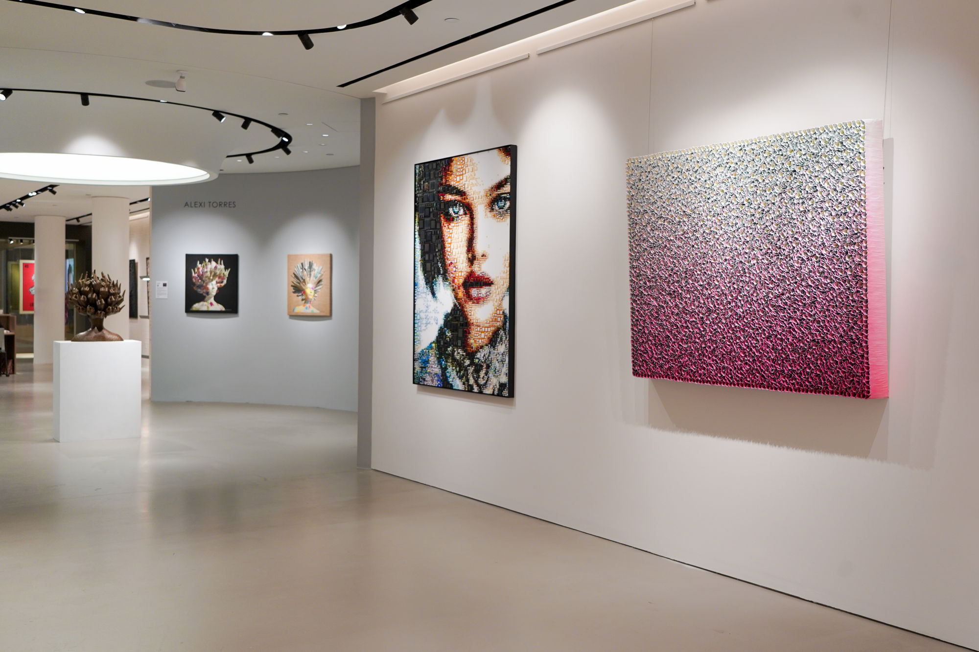 Zhuang Hong Yi color-changing flower panel, lenticular petals, Isabelle Scheltjens glass mosaic portrait.