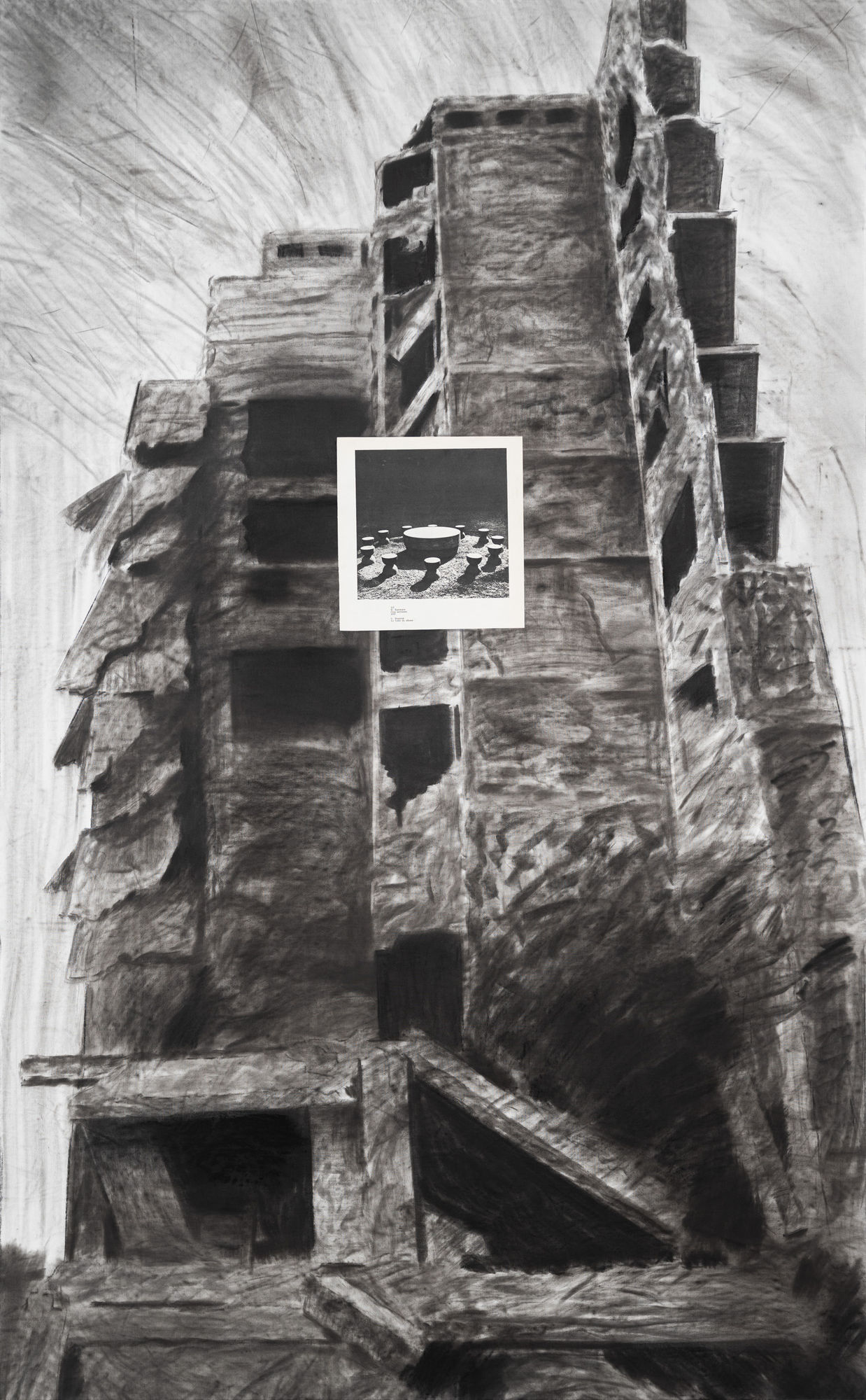 Nikita Kadan Universal Ruins (Kyiv) & Universal Ruins (Gaza), 2024 Charcoal, carbon, and collage on canvas 190 x 118 cm. 74 3/4 x 46 1/2 in. (NK0203)