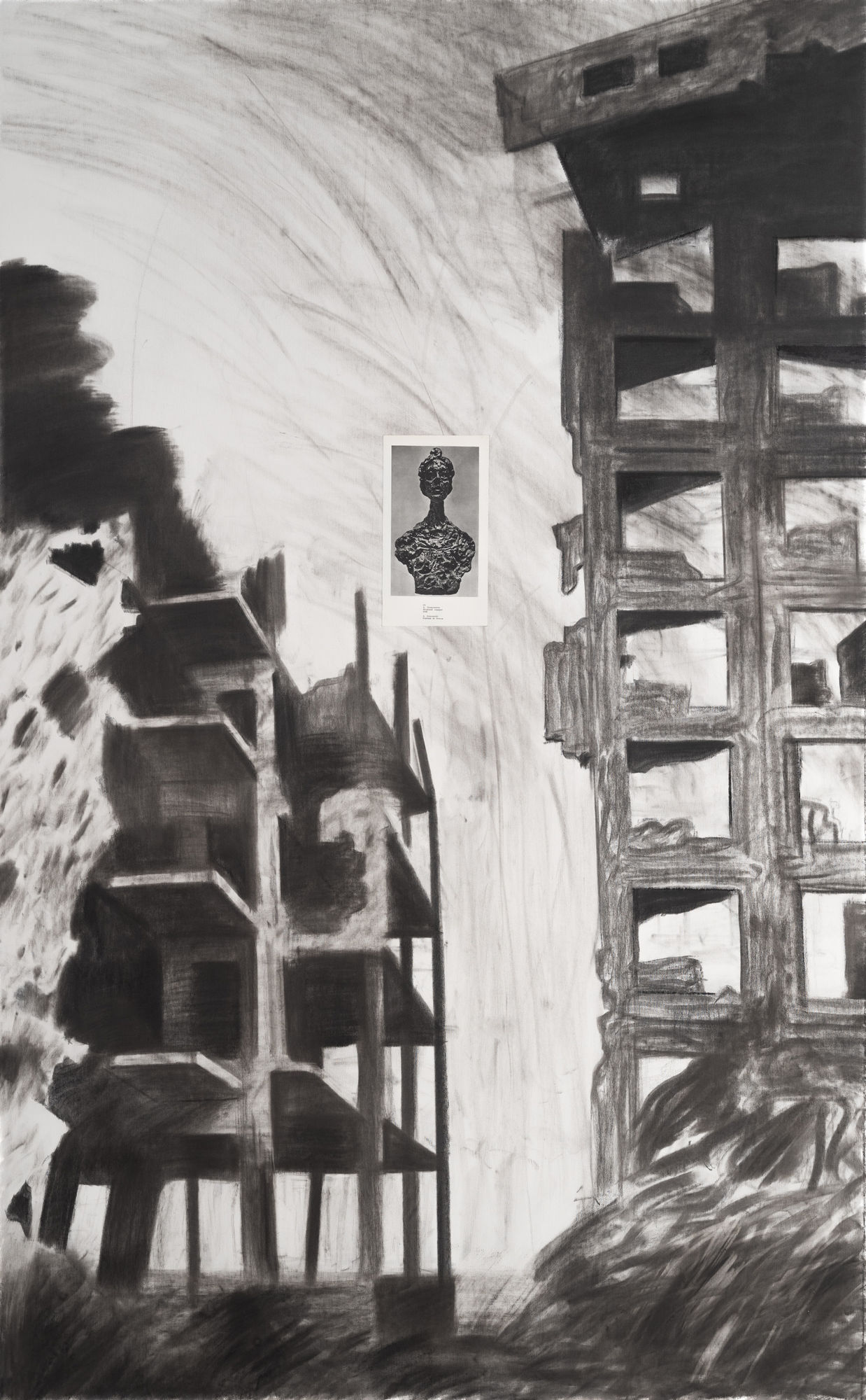 Nikita Kadan Universal Ruins (Kyiv) & Universal Ruins (Gaza), 2024 Charcoal, carbon, and collage on canvas 190 x 118 cm. 74 3/4 x 46 1/2 in. (NK0203)