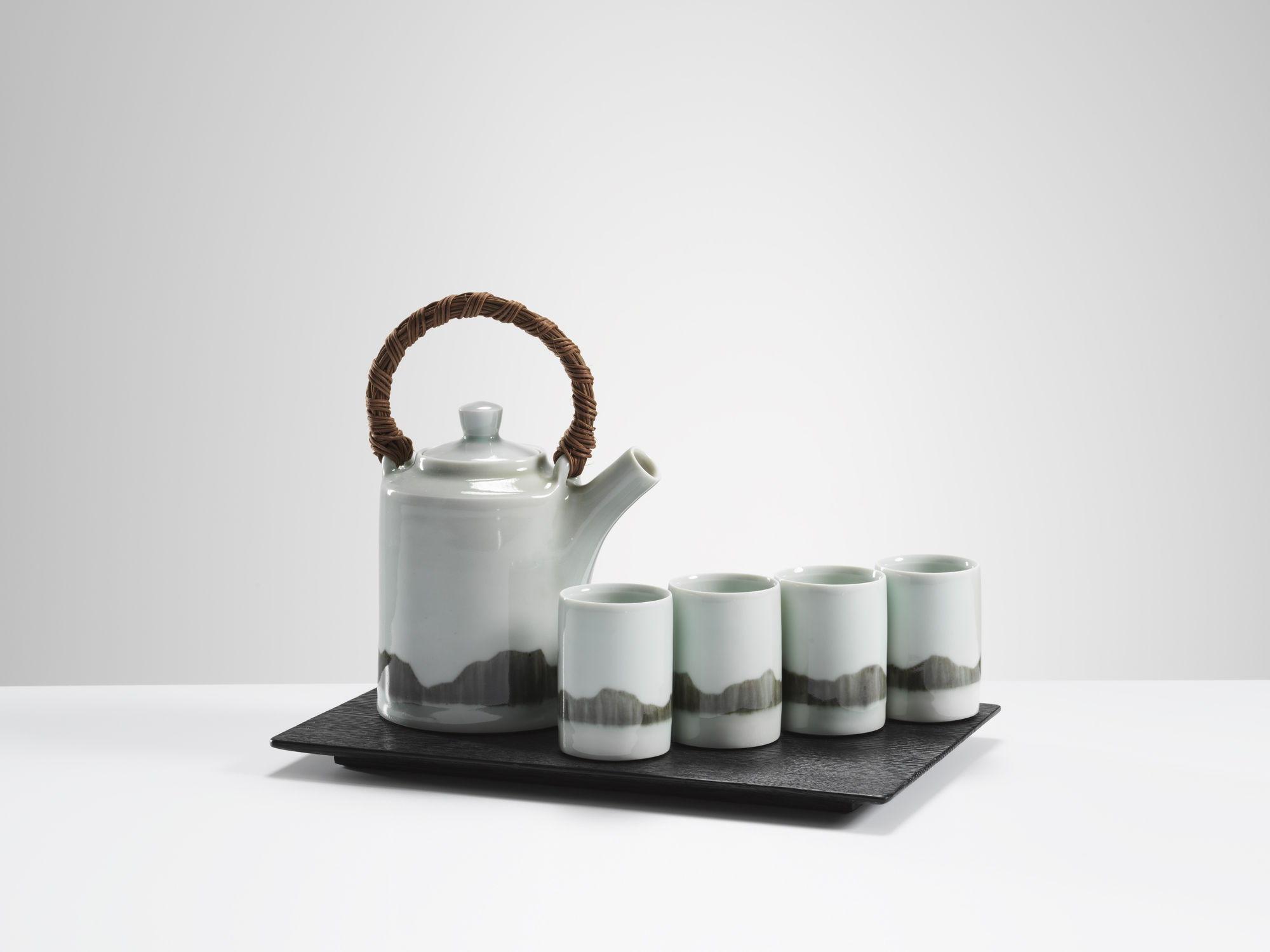 Chris Keenan, 29-34 Celadon tea set with grey band and celadon circles – teapot, 4 cups and tray