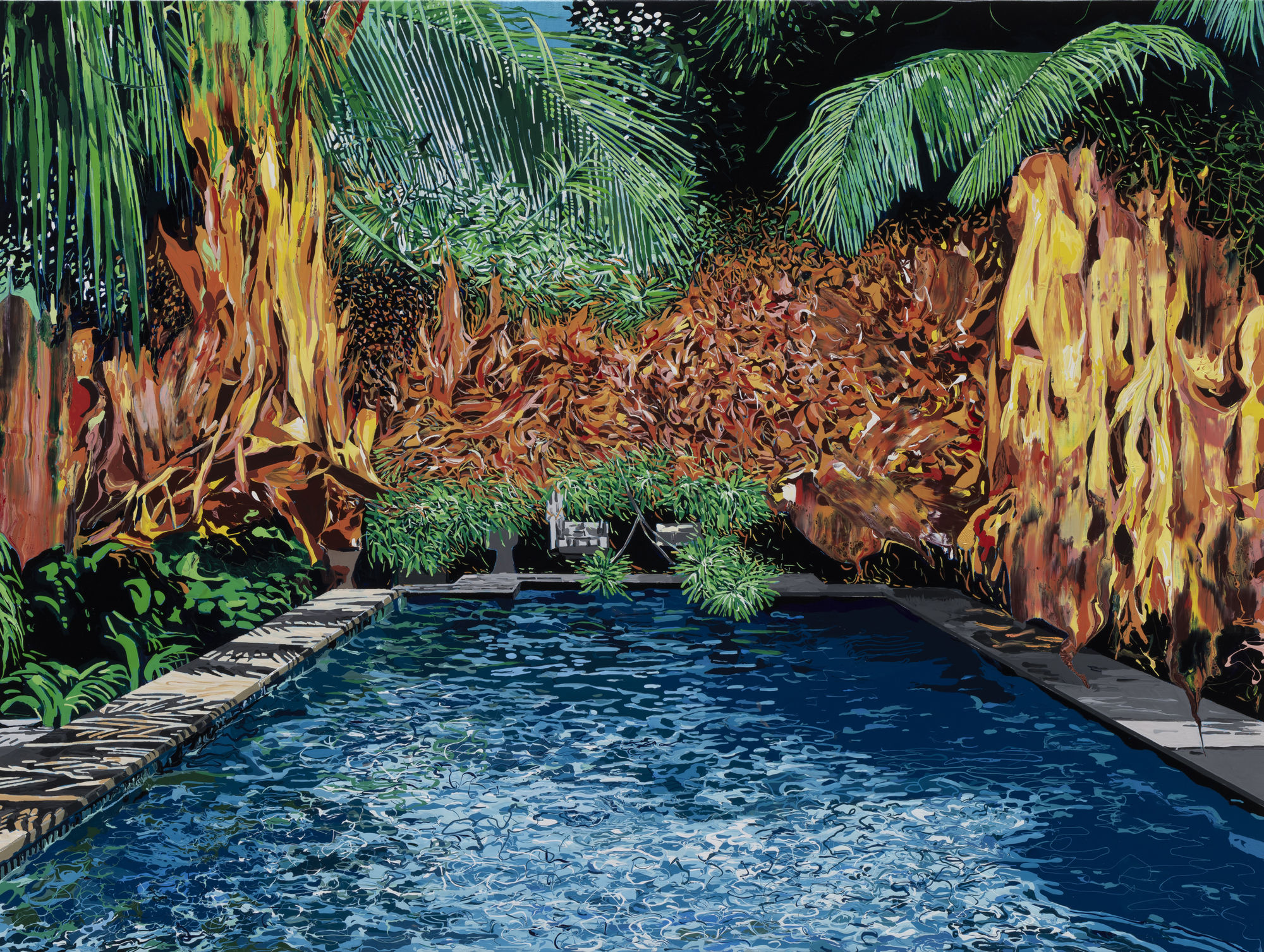 Pool with fire 2024 Enamel and acrylic on canvas 91.4x121.9 cm