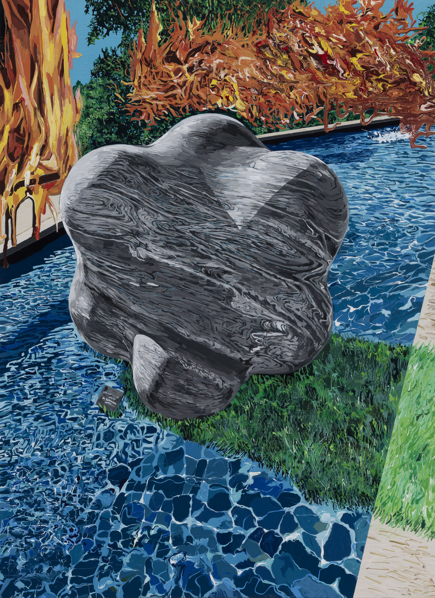 sculpture in the pool with fire 2024 Enamel and acrylic on canvas 100 x 72.7cm