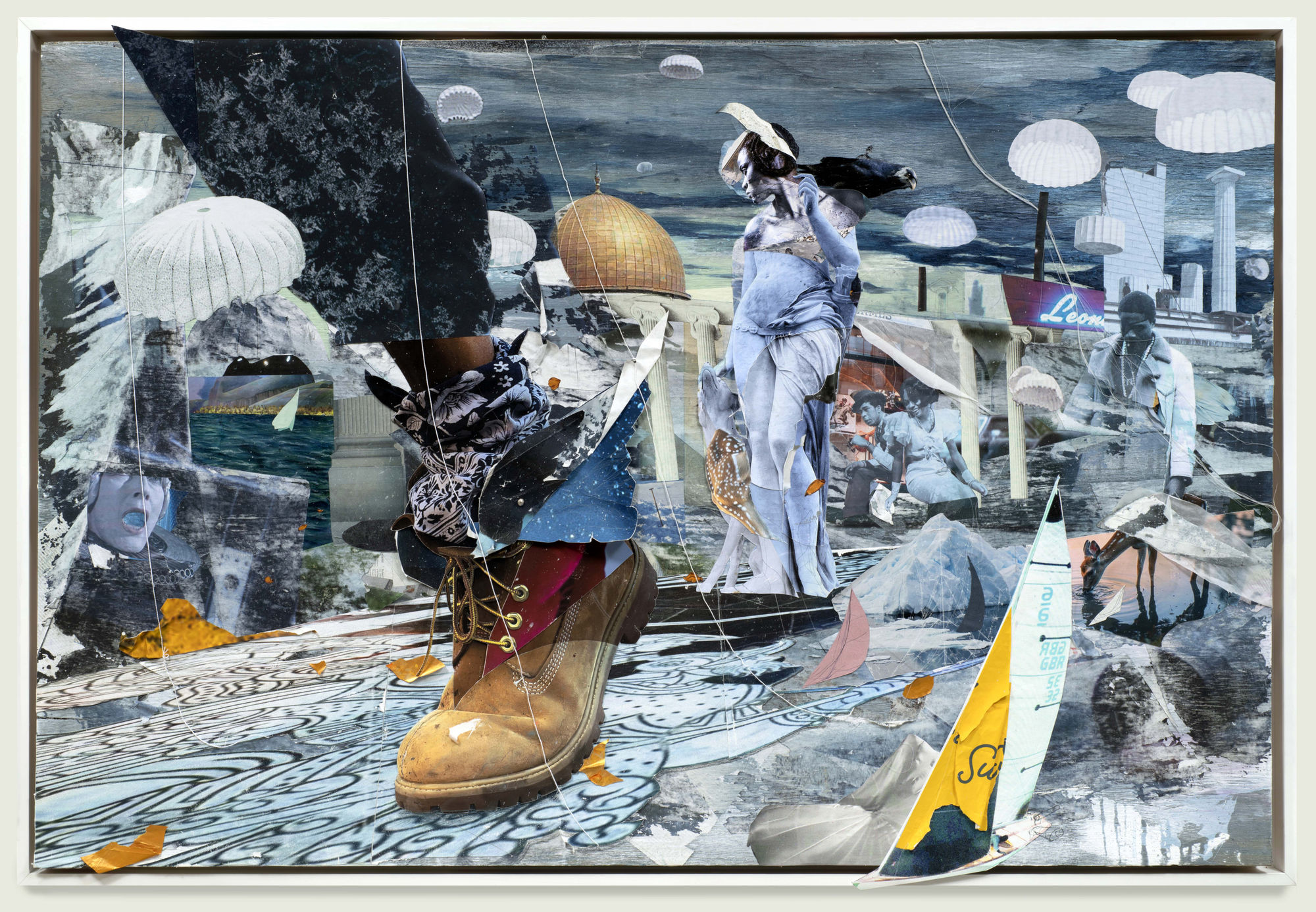 Shaunté Gates The Messenger, The Archer, The Lover no. II, 2026 Acrylic paint, photo, pulled paper, collage, thread, on wood panel 48 x 72 in (121.92 x 182.88 cm)