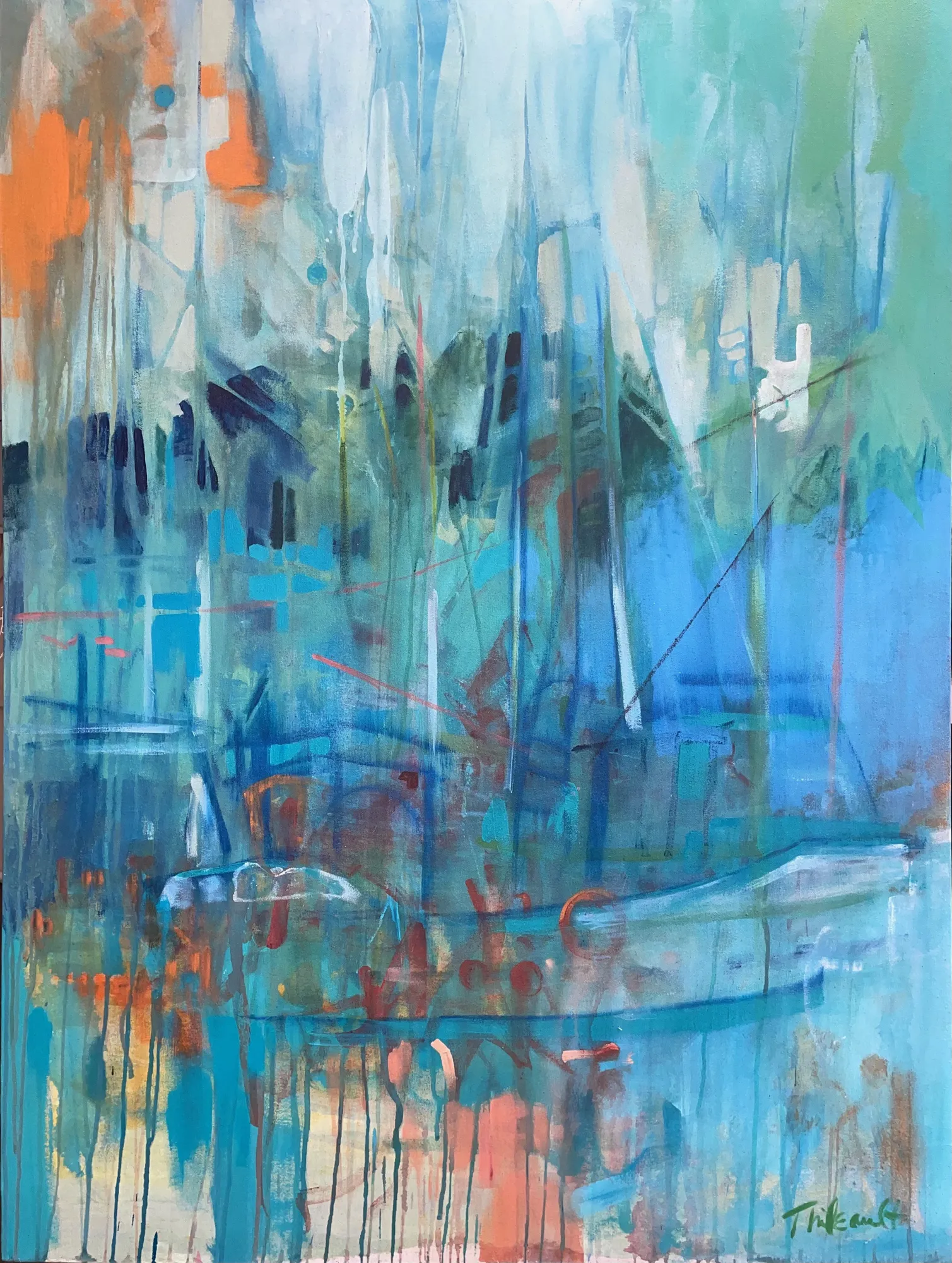 Abstract contemporary painting of boats with sails