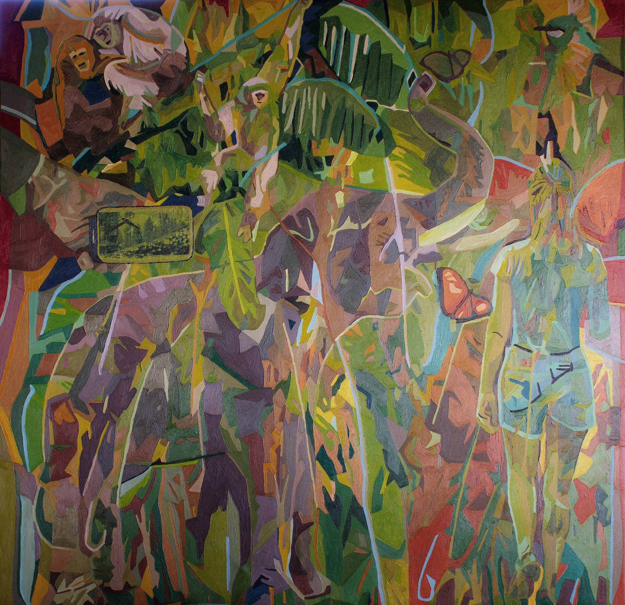 painting with female figure and wildlife including elephant.