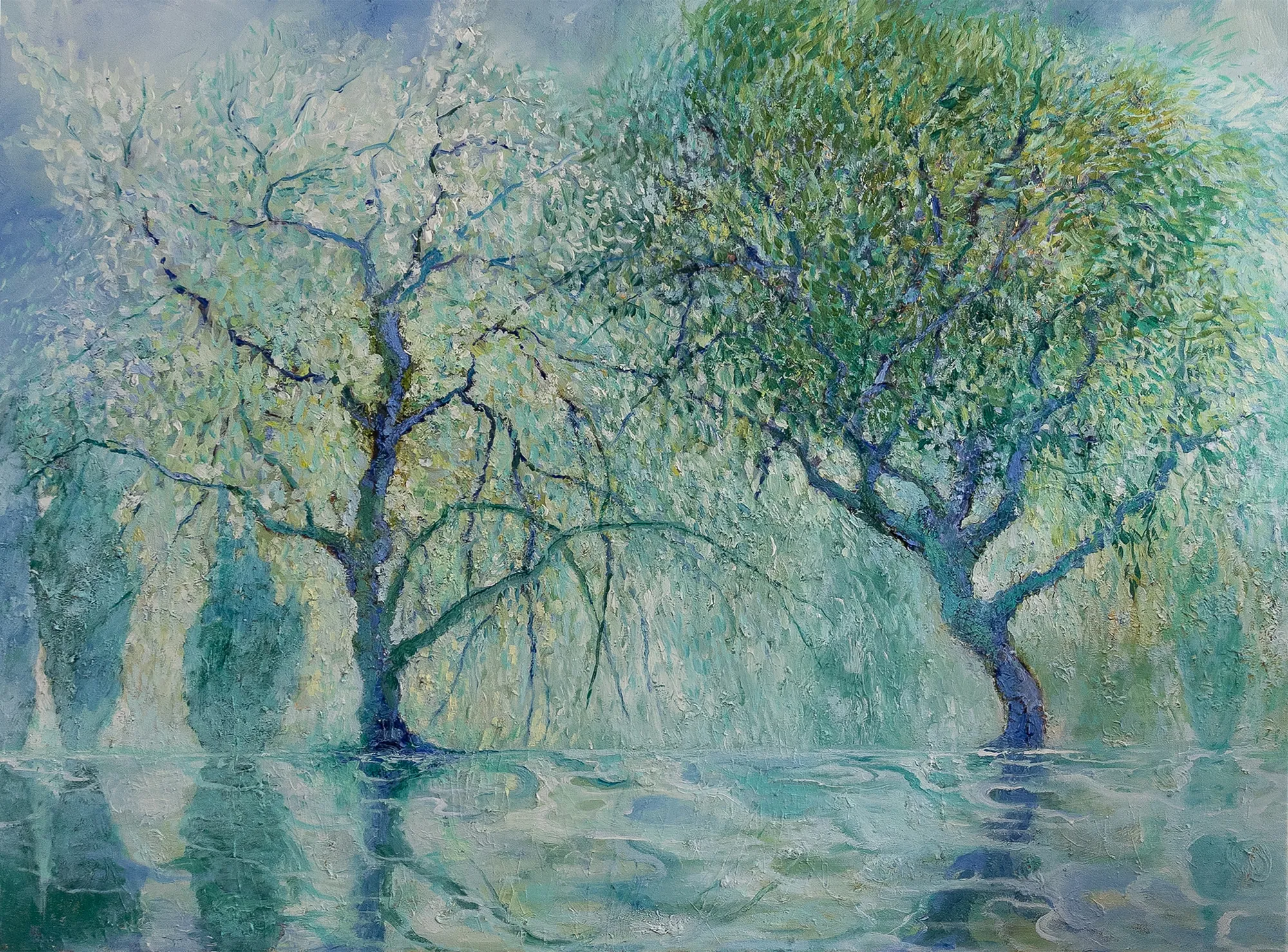 painting of trees overlooking water with reflections