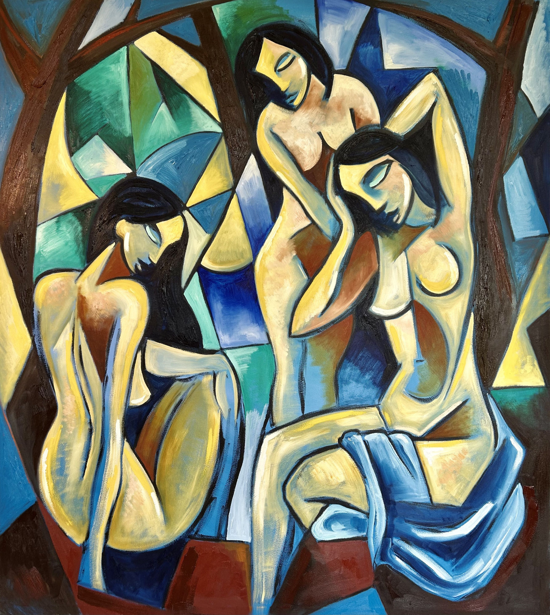 oil painting of three female figures in cubist style by Max Hembrow 2025.