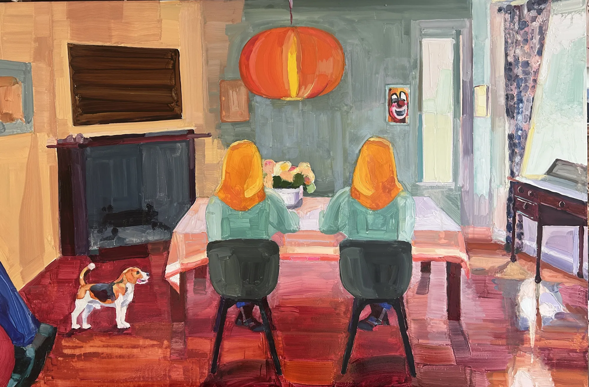 Oil painting of two identical female figures with orange hair sitting at a table in a room with a dog by Barbara Hoogeweegen