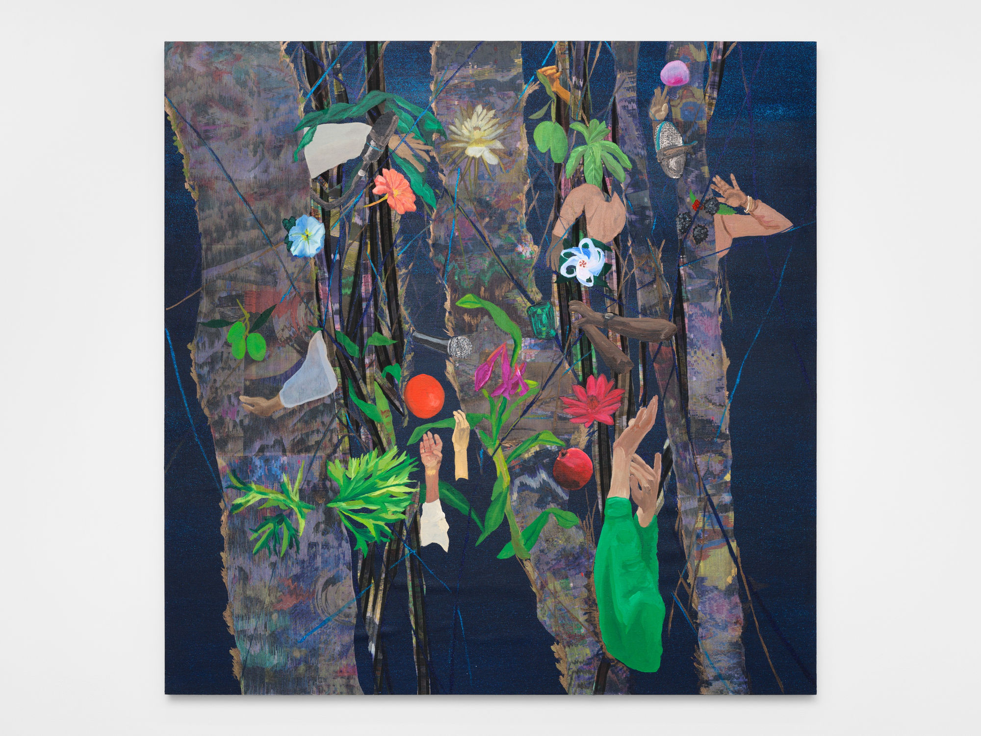 Ranu Mukherjee, restless moon, 2023, pigment, ink, crystalina, and UV inkjet print on silk and cotton sari fabric on linen, 60 x 84 inches (152.4 x 213.4 cm)