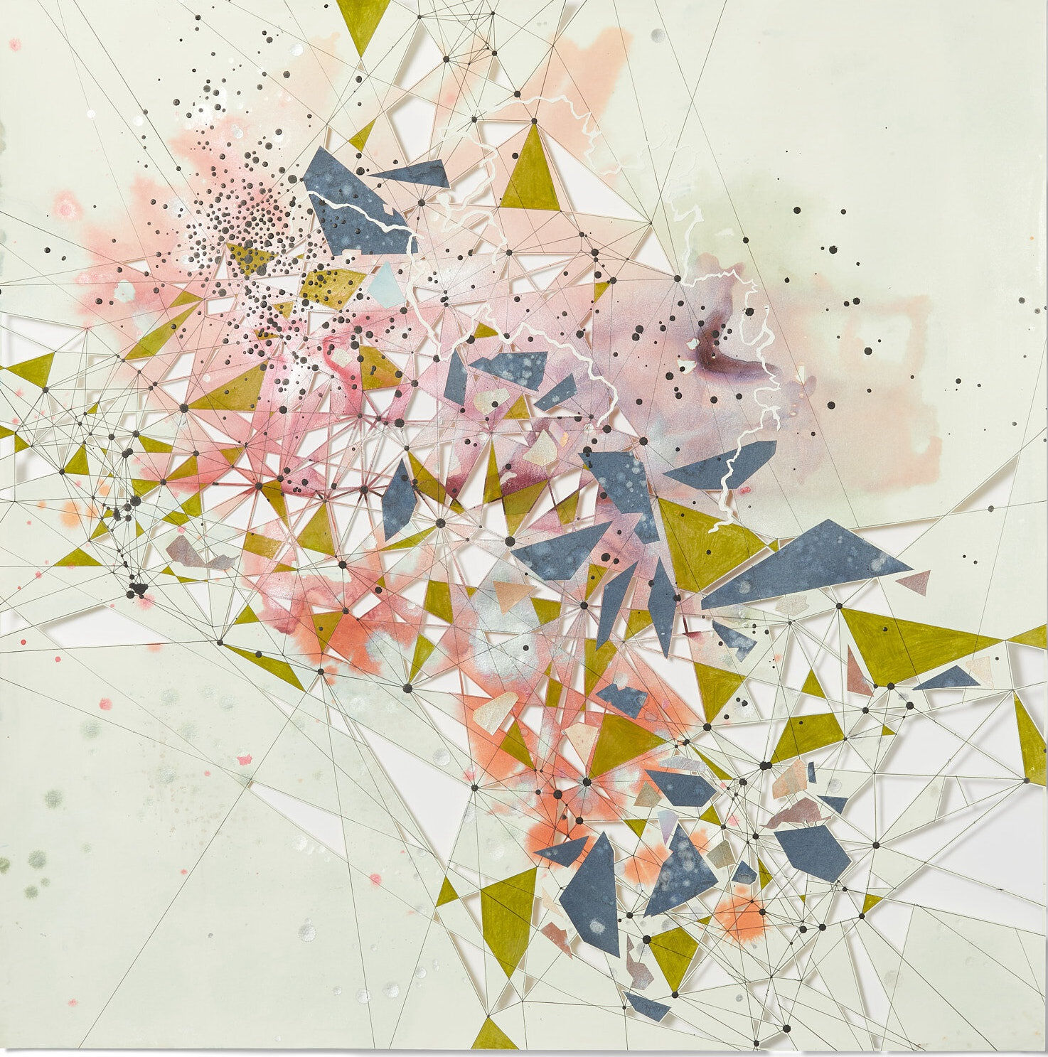 Val Britton, Reverberation #66, 2021, acrylic, ink, colored pencil, collage, and cut out paper, 36 x 36 inches (91.4 x 91.4 cm)