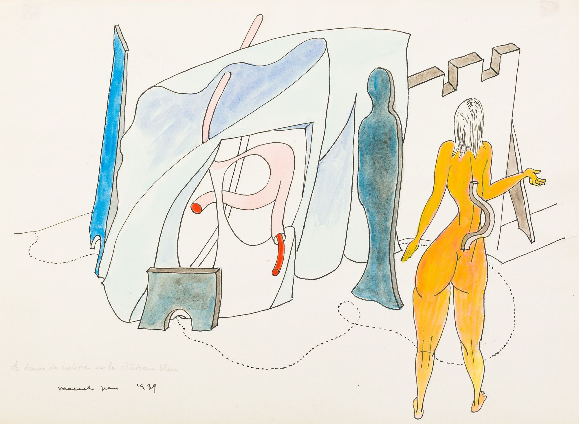 Marcel Jean, La dame de cuisine en le château bleu, 1939, India ink, graphite, and gouache on paper, 8 3/8 x 11 1/2 inches (22.3 x 29.2 cm)