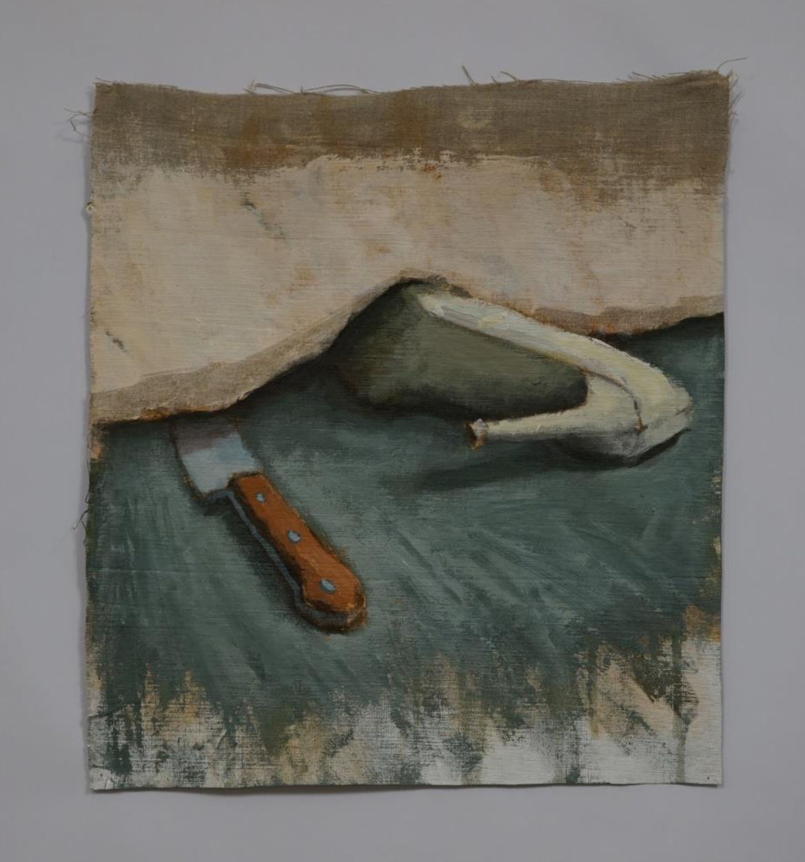 Omar Fakhoury, If you have a nightmare, put a shoe or a knife under your pillow 2, 2025 Acrylic on linen, 44 x 40 cm