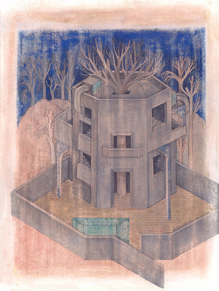 Narges Fadakar Zal and Rodabe, 2023 Gouache, watercolor, isograph pen and dry pigment on cardboard 60 x 50 cm 23 5/8 x 19 3/4 in