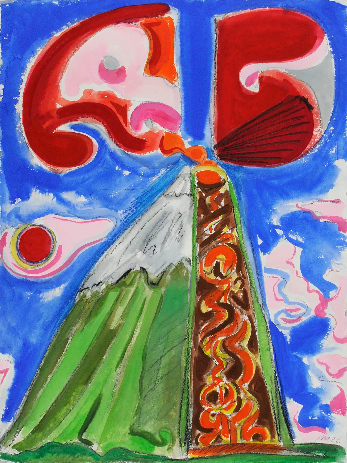 Dissected Volcano, Mixed Media on Paper, 30x23", 2026