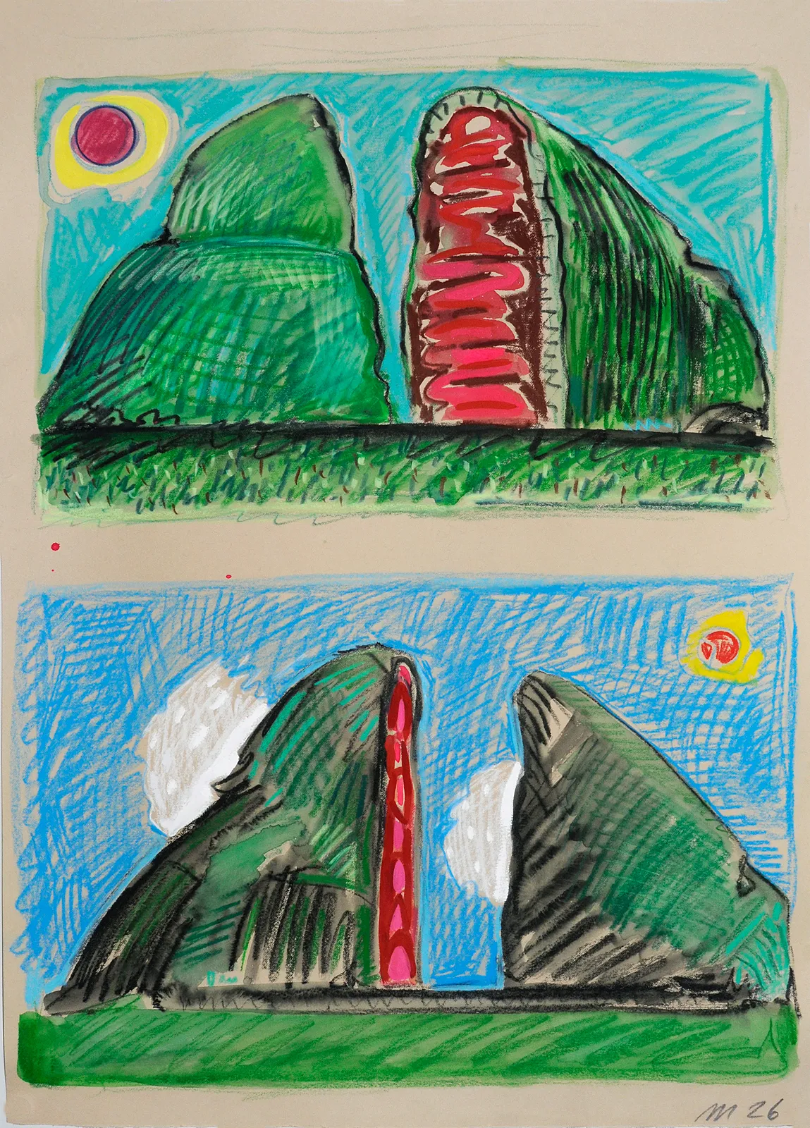 Bifurcated Mountains, Mixed Media on Paper, 28x20", 2026